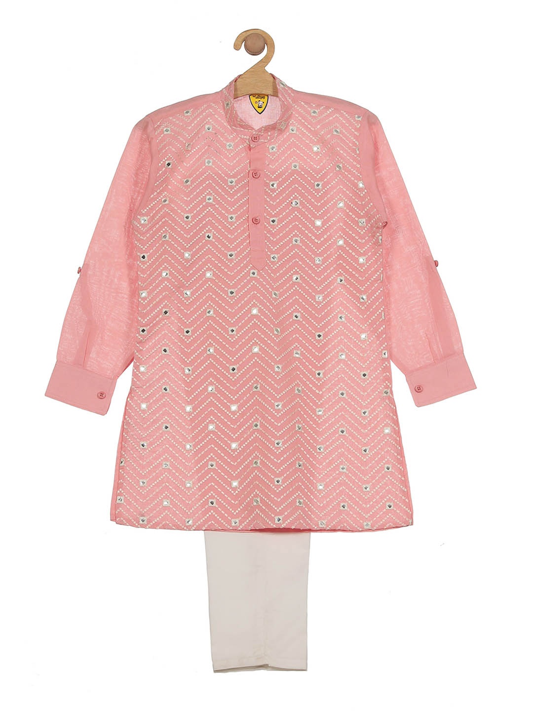 

Lil Lollipop Boys Embroidered Mirror Work Kurta with Pyjamas Set, Pink