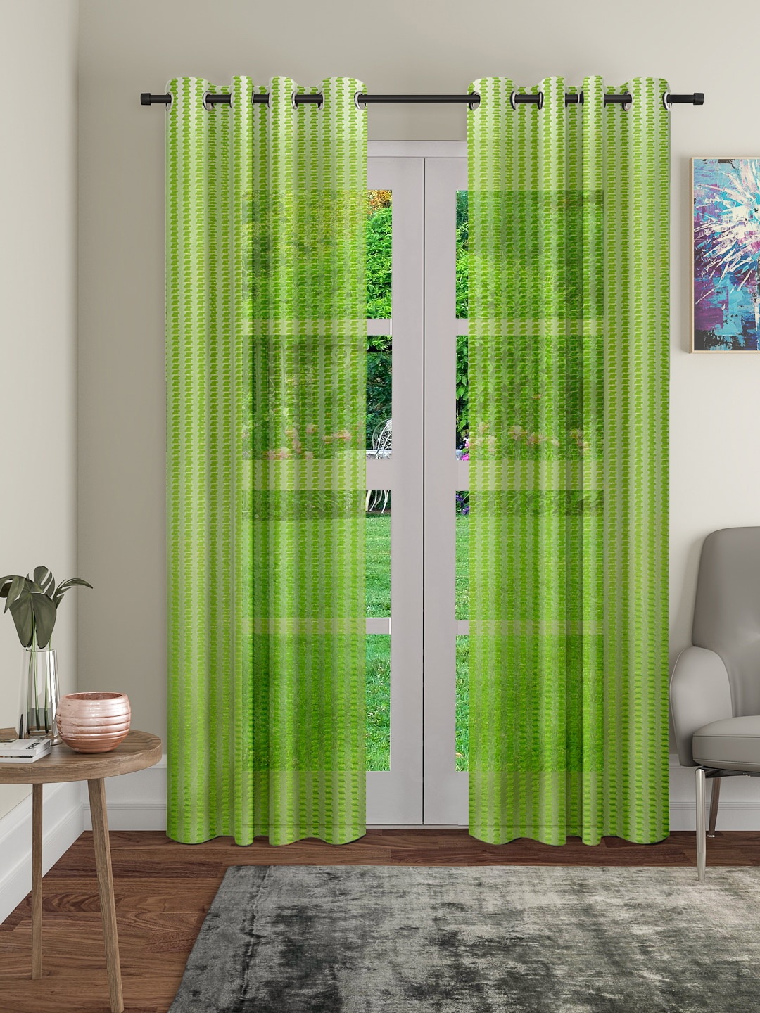 

Cortina Green 2 Pieces Geometric Patterned Sheer Long Door Curtain