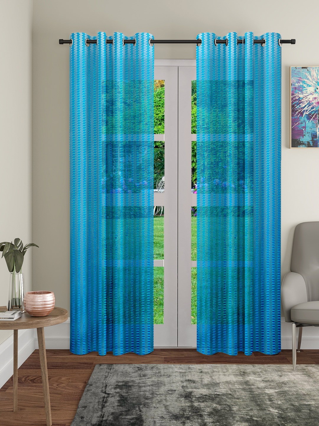 

Cortina Blue 2 Pieces Geometric Sheer Long Door Curtain