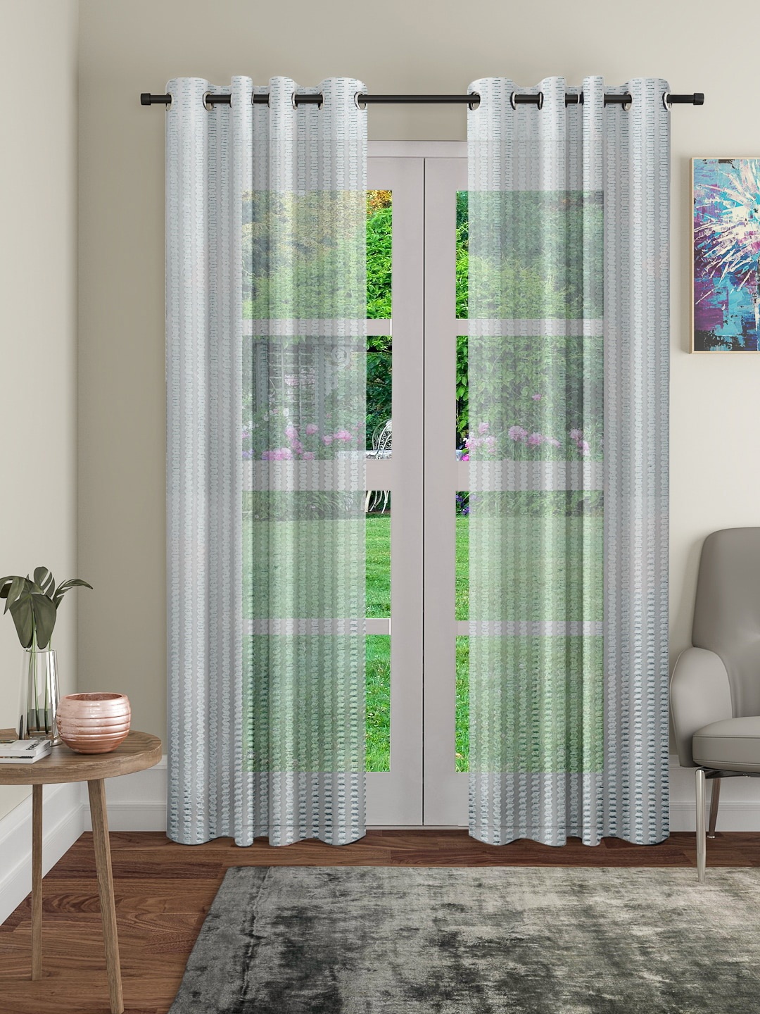 

Cortina Grey 2 Pieces Geometric Patterned Sheer Long Door Curtain