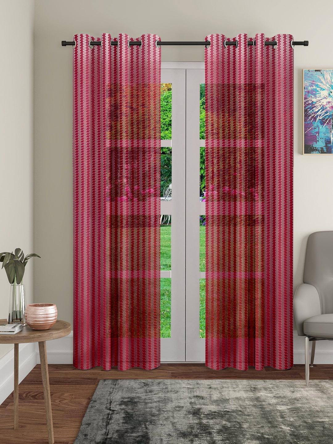 

Cortina Maroon 2 Pieces Abstract Sheer Door Curtain