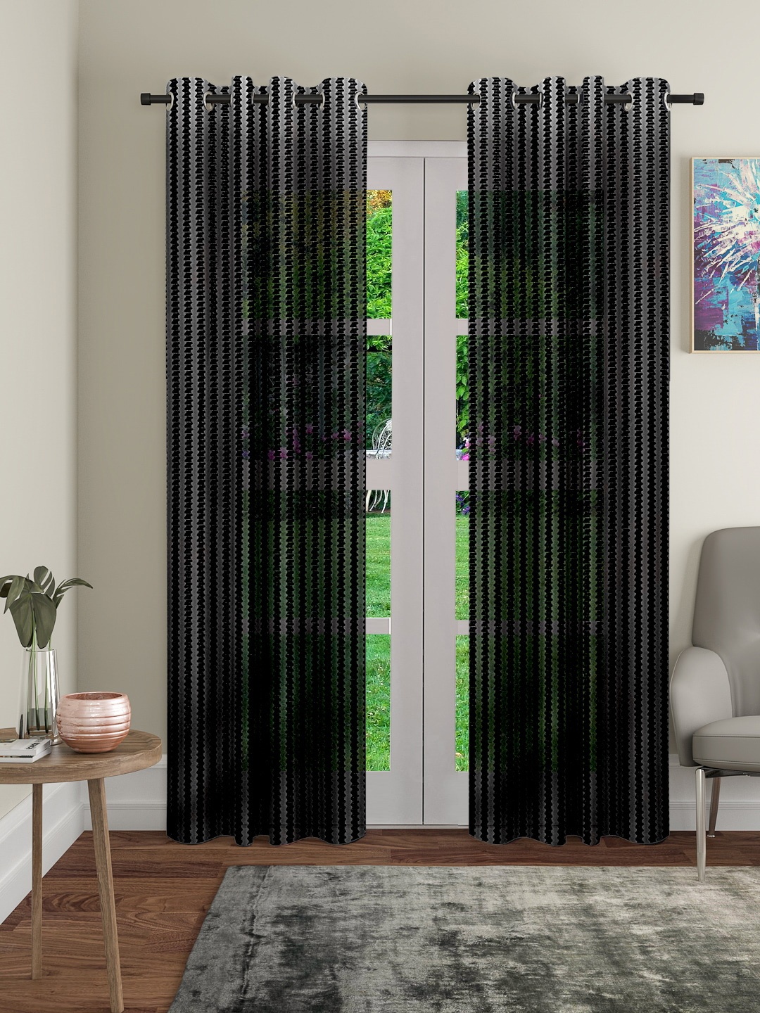 Cortina Black 2 Pieces Abstract Sheer Door Curtain