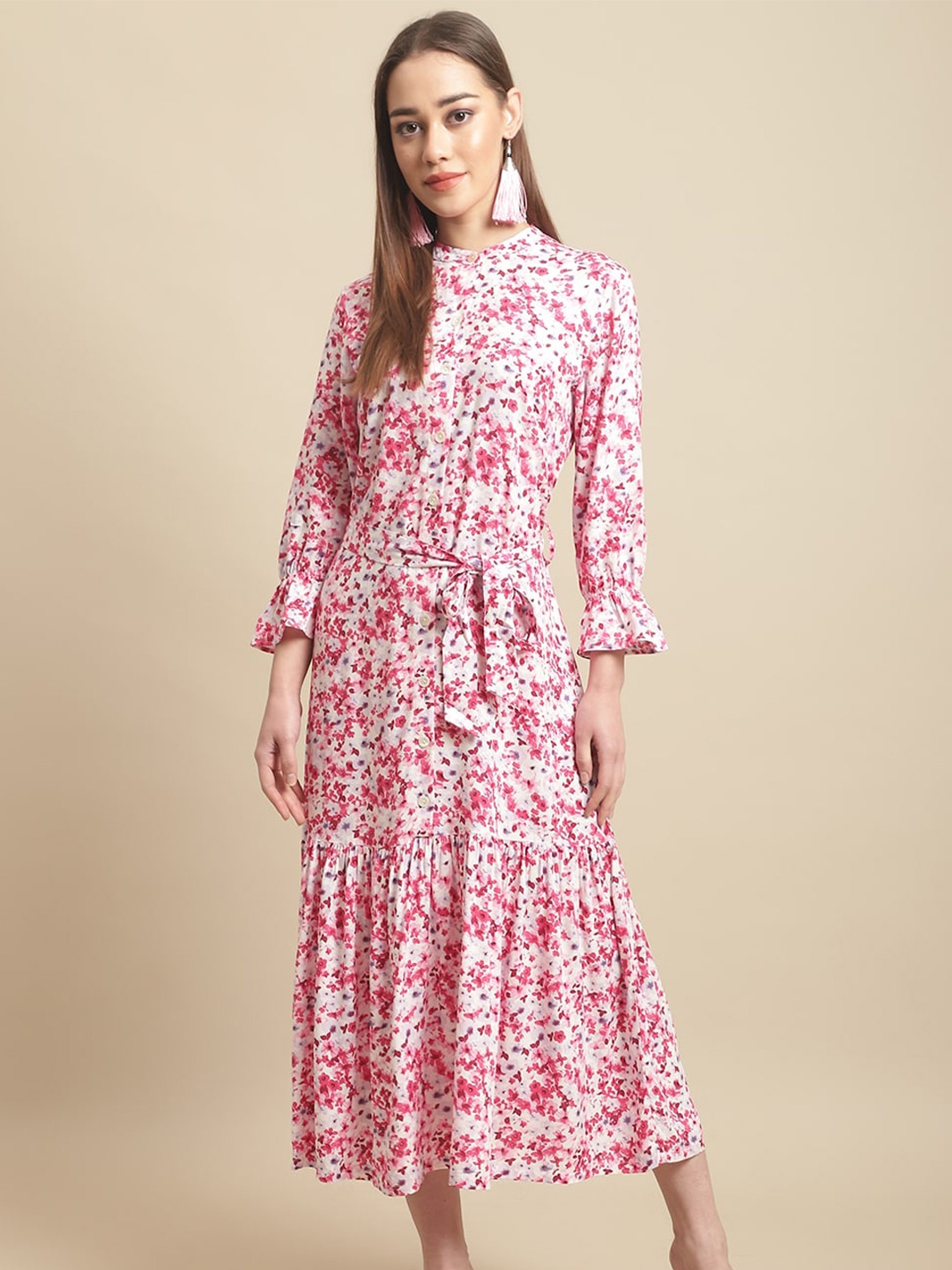 

Cantabil Mandarin Collar Floral Printed A-Line Midi Dress with Belt, Red