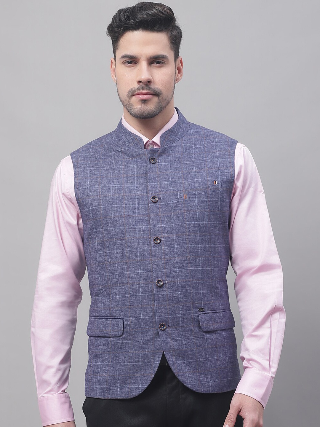 

Cantabil Checked Woven Nehru Jacket, Blue