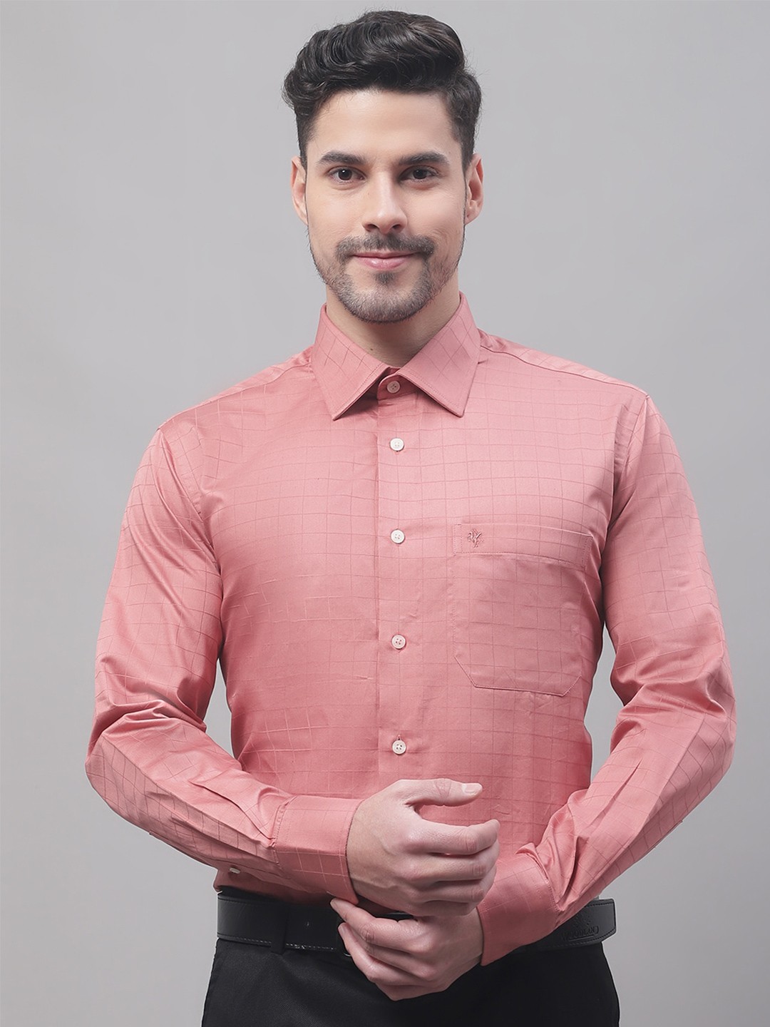 

Cantabil Windowpane Checked Formal Cotton Shirt, Pink
