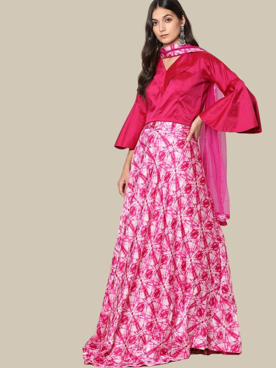 

Chhabra 555 Made to Measure Printed Lehenga With Bell-Sleeved Choli & Dupatta, Pink