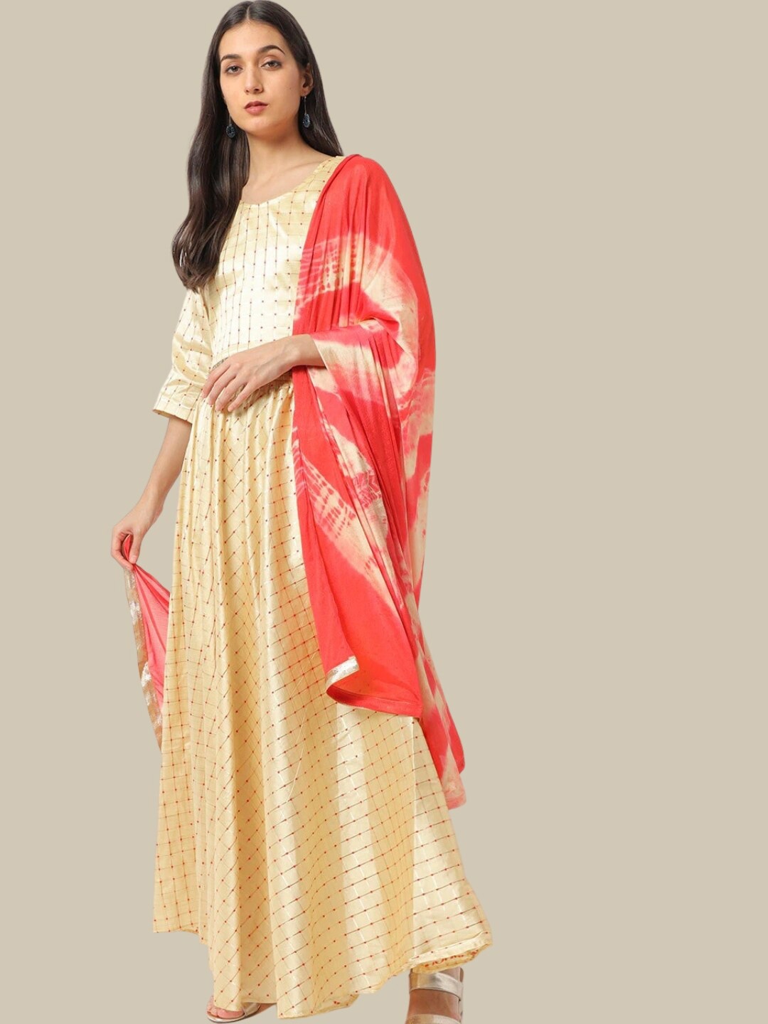 

Chhabra 555 Made To Measure Checked Chanderi Lehenga With Choli & With Dupatta, Cream