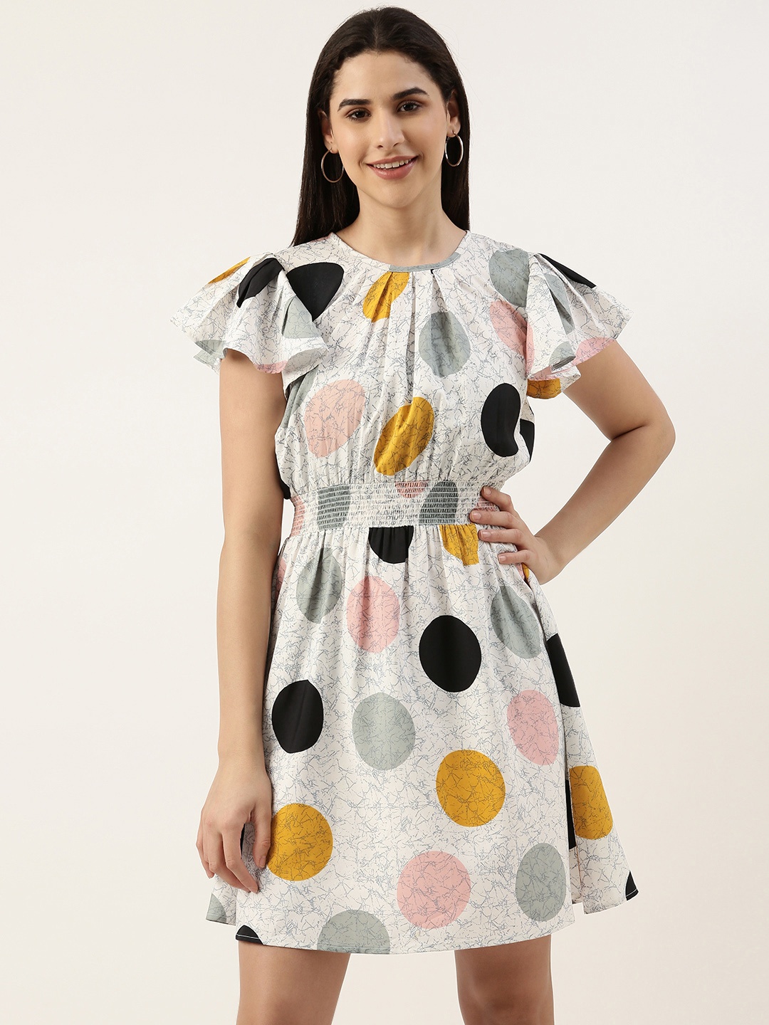 

RACHNA Geometric Print Flared Sleeve Crepe A-Line Mini Dress, White