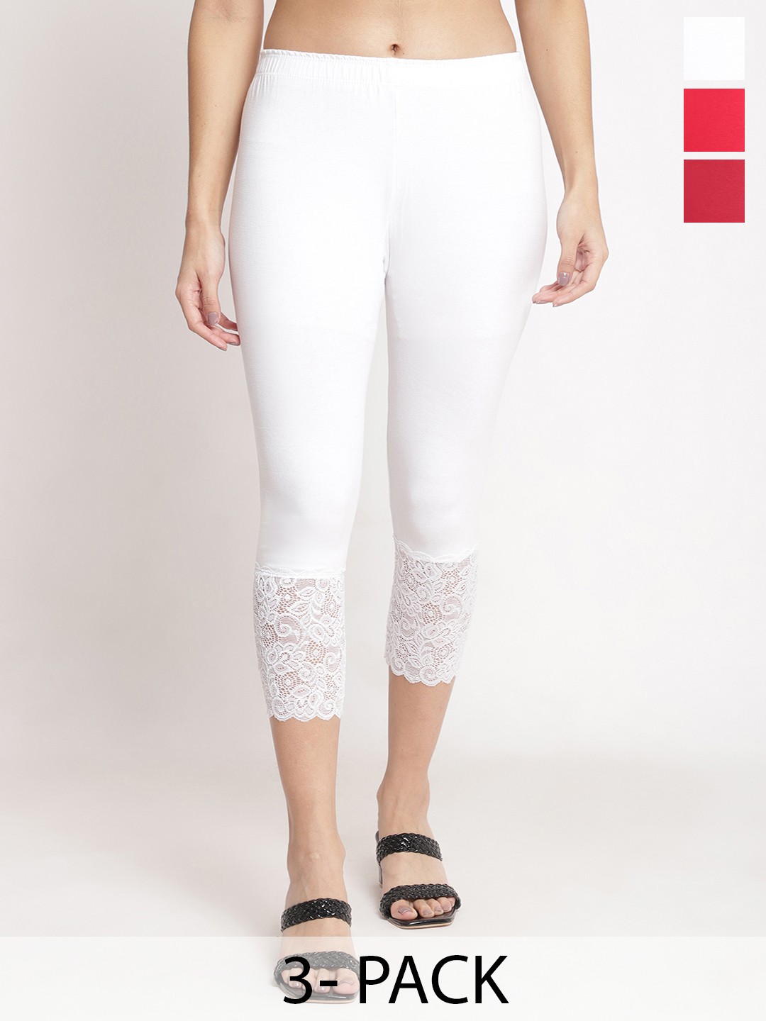

Jinfo Women Pack Of 3 Cotton Lycra Skinny Fit Capris, White