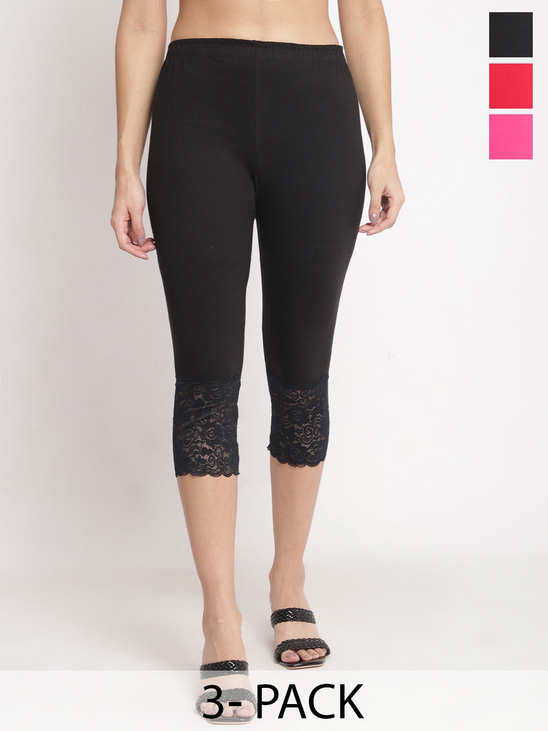 

Jinfo Pack of 3 Pure Cotton Lycra Hem Lace Skinny Fit Capris, Black