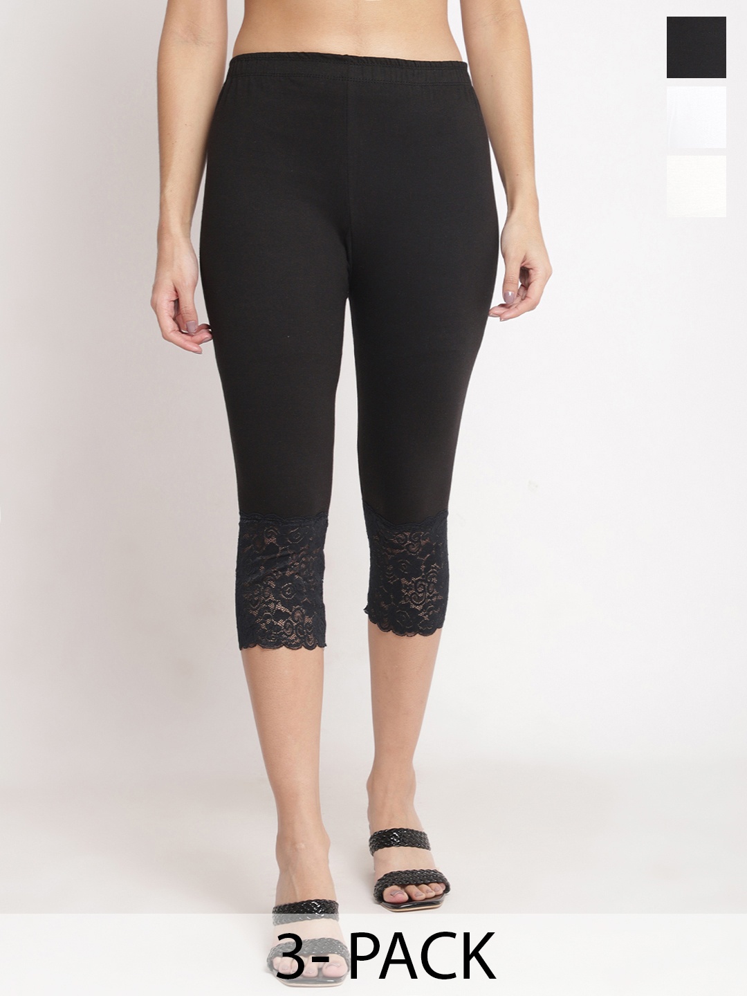 

Jinfo Pack of 3 Pure Cotton Lycra Hem Lace Skinny Fit Capris, Black
