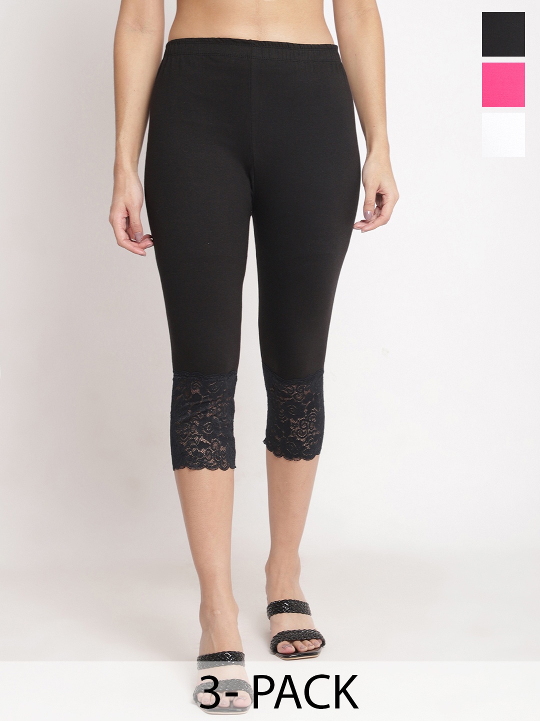 

Jinfo Pack of 3 Pure Cotton Lycra Hem Lace Skinny Fit Capris, Black