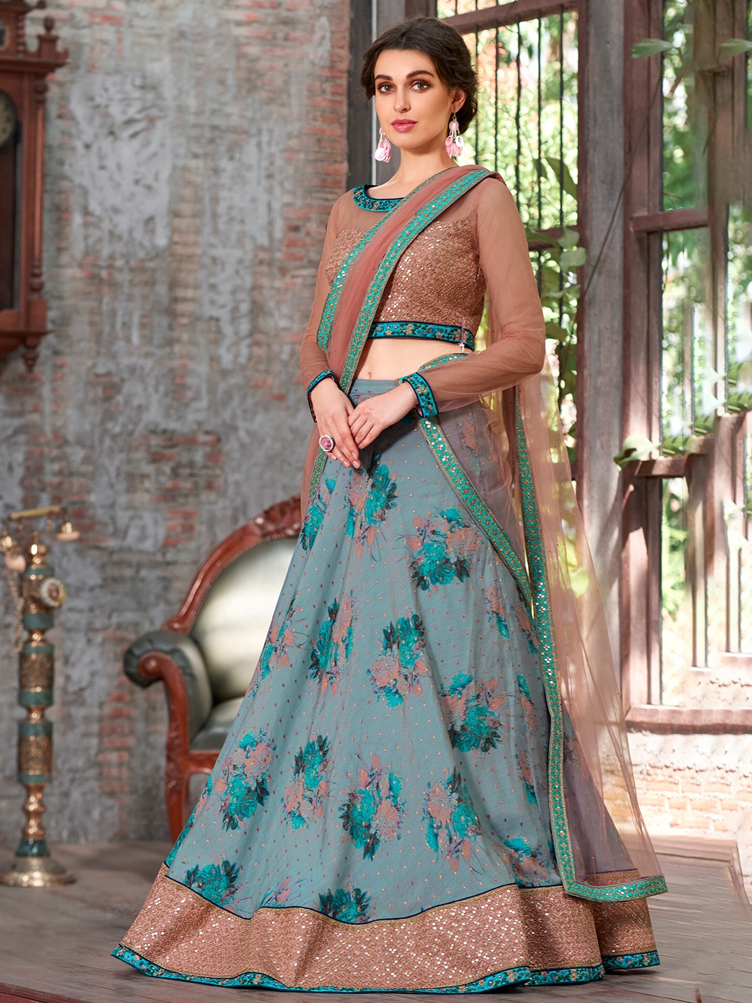 

SAPTRANGI Embroidered Ready to Wear Lehenga & Blouse With Dupatta, Grey