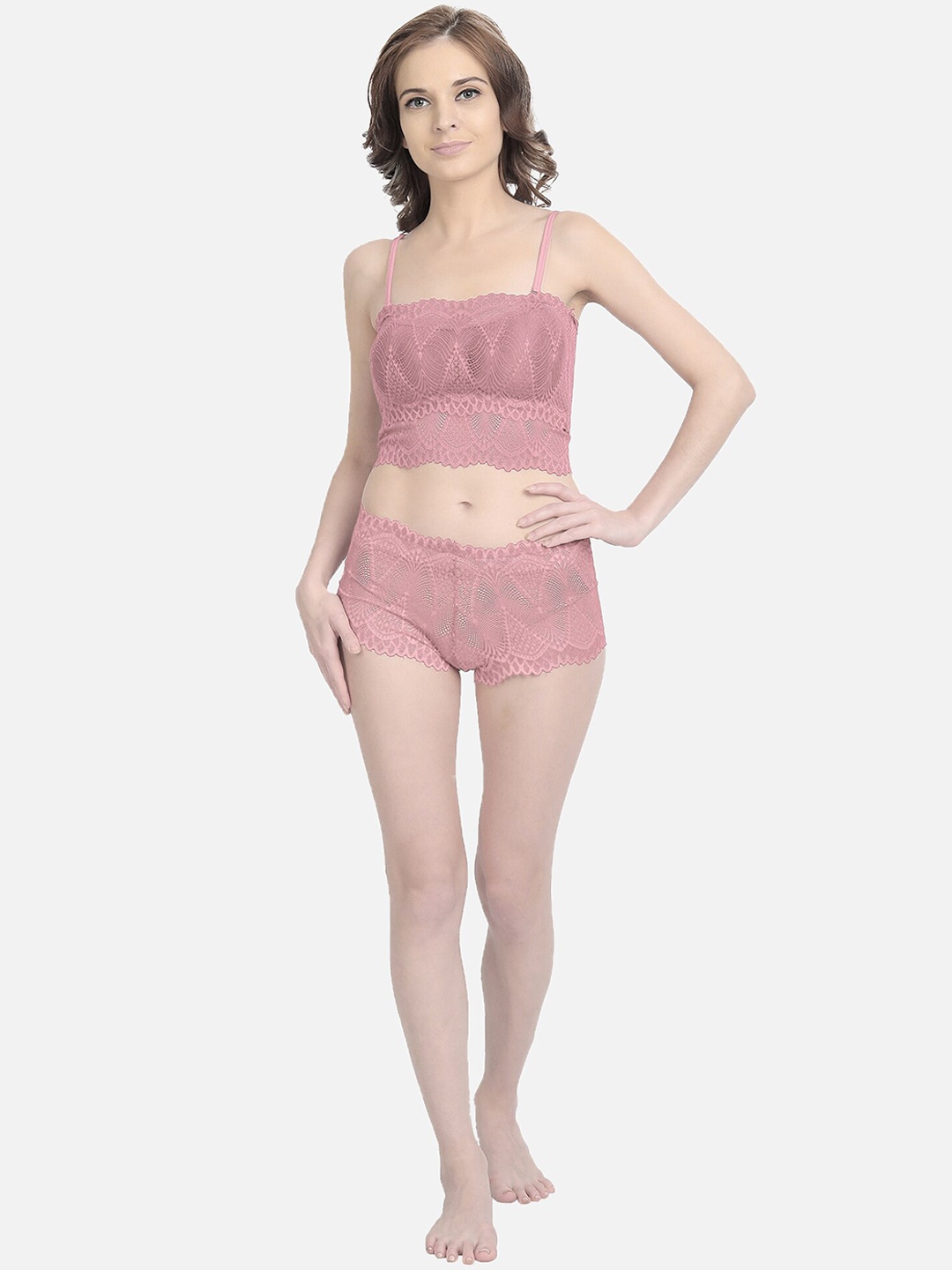 

Spiaty Self Design Lightly Padded Non Wired Mid-Rise Lace Lingerie Set, Pink