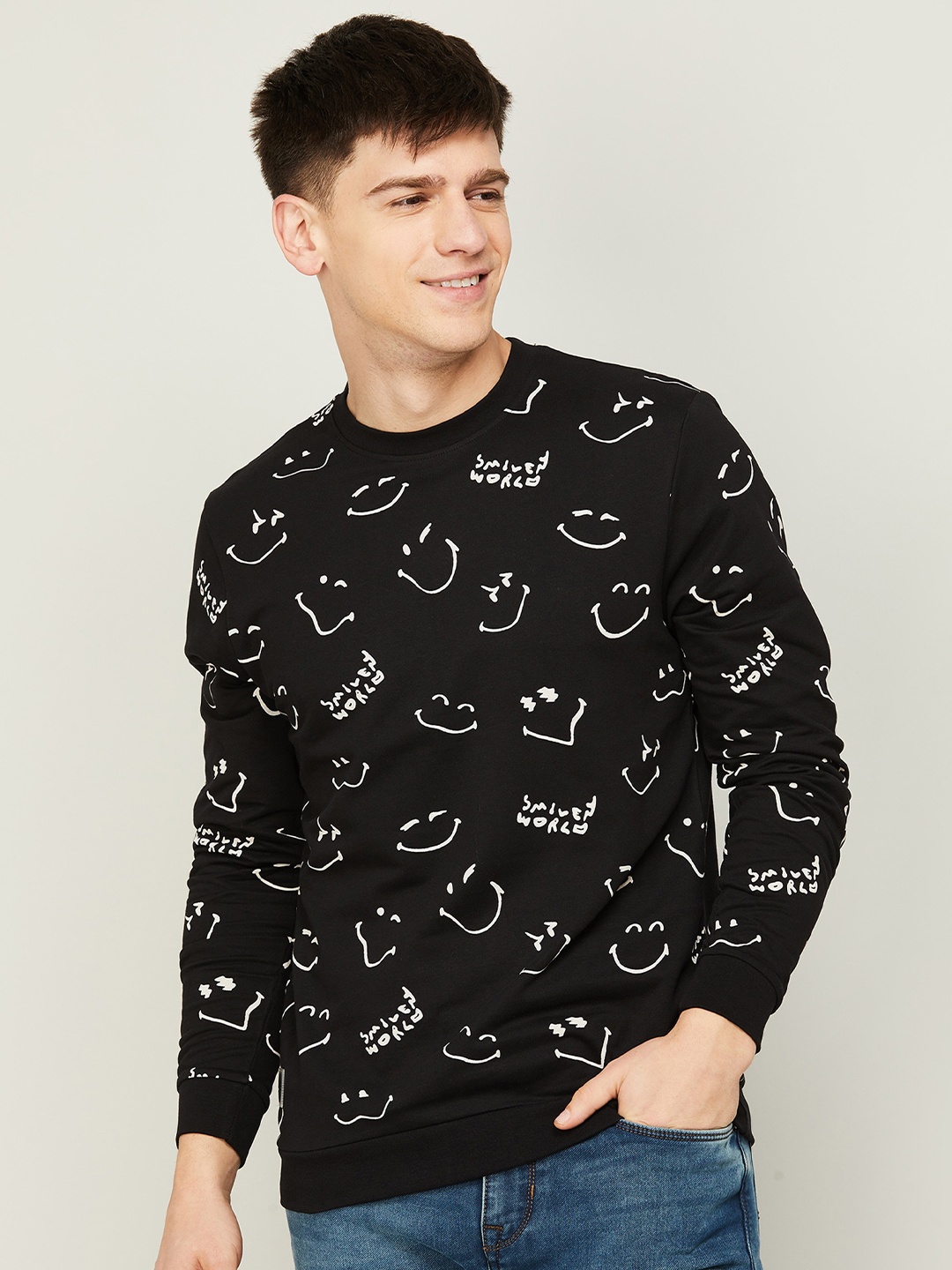 

SmileyWorld Men Conversational Printed Cotton Sweatshirt, Black