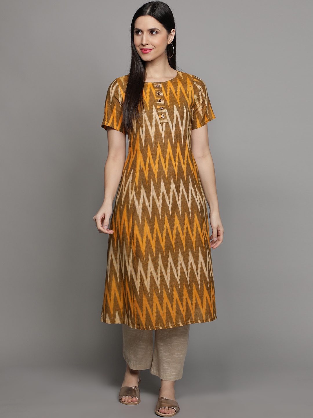 

Cot'N Soft Chevron Printed Ikat Cotton Kurta, Brown