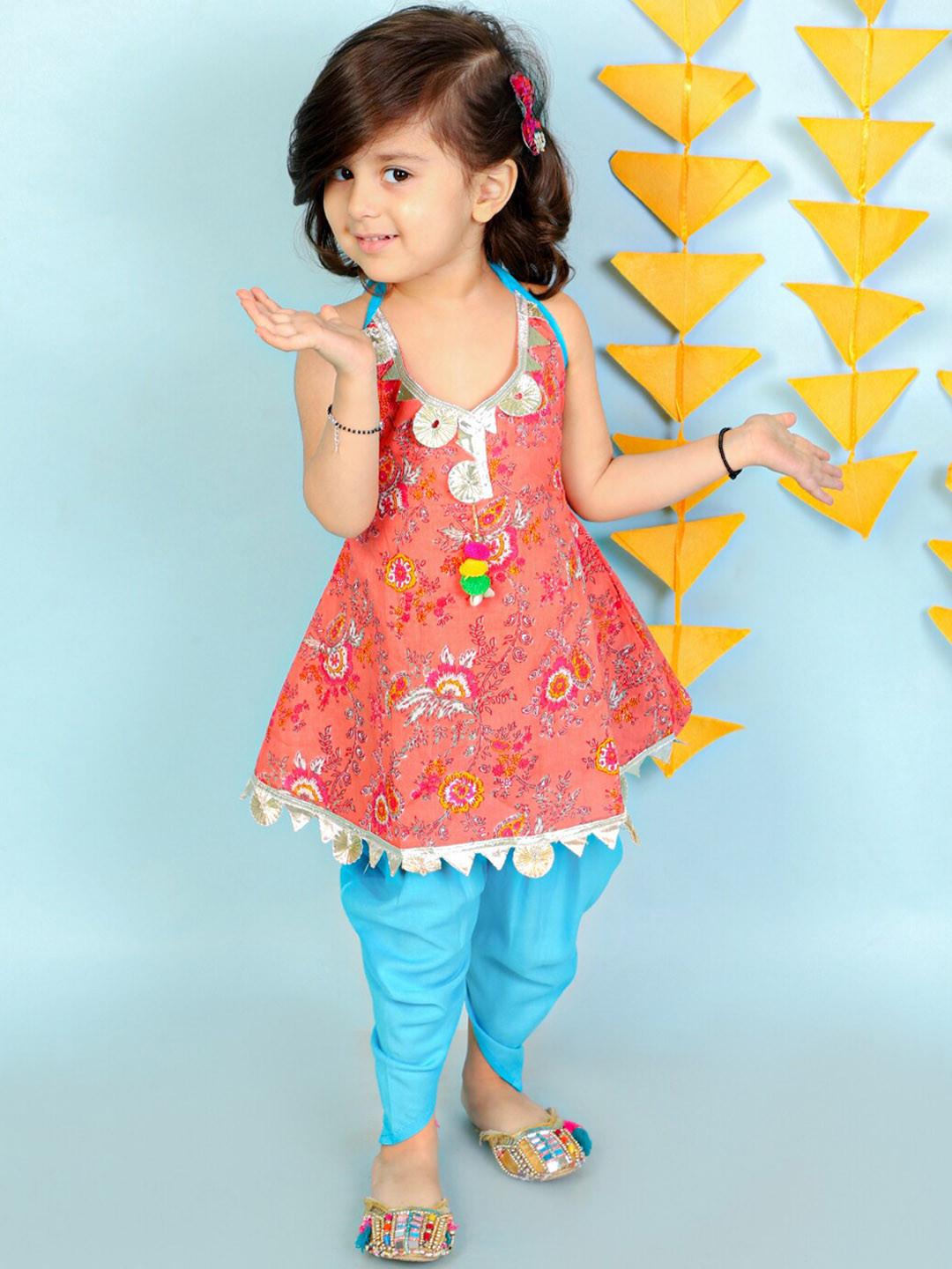 

KID1 Girls Floral Printed Pure Cotton Tunic with Dhoti Pants, Peach
