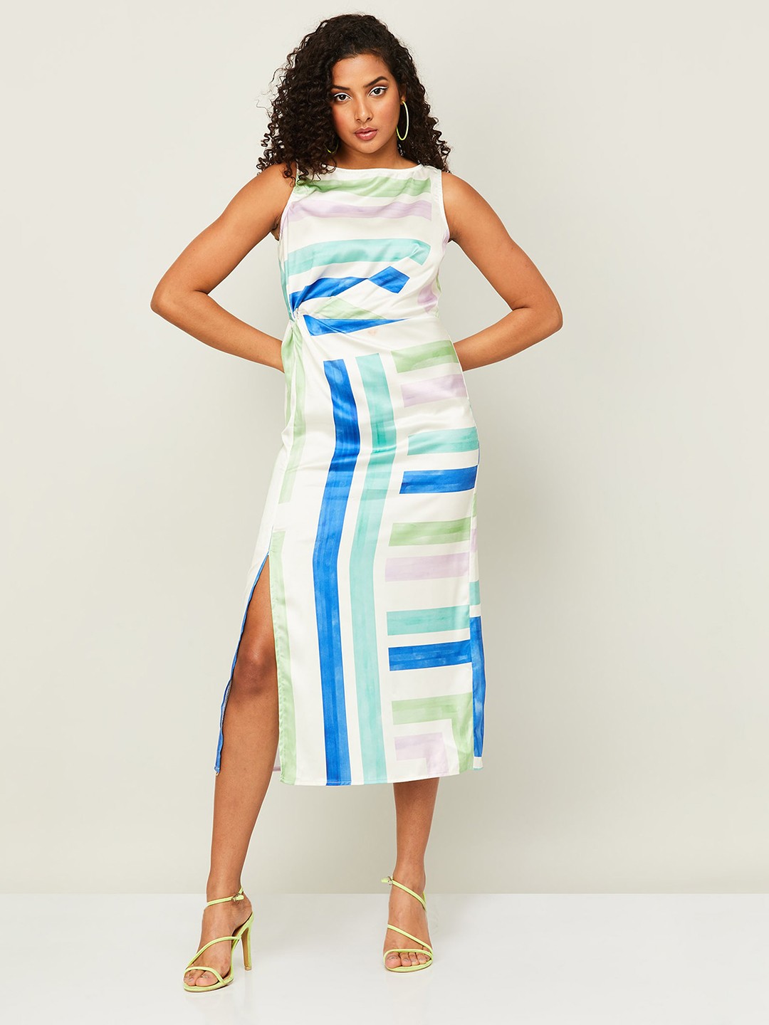

CODE by Lifestyle Front Slit Striped A-Line Midi Dress, White