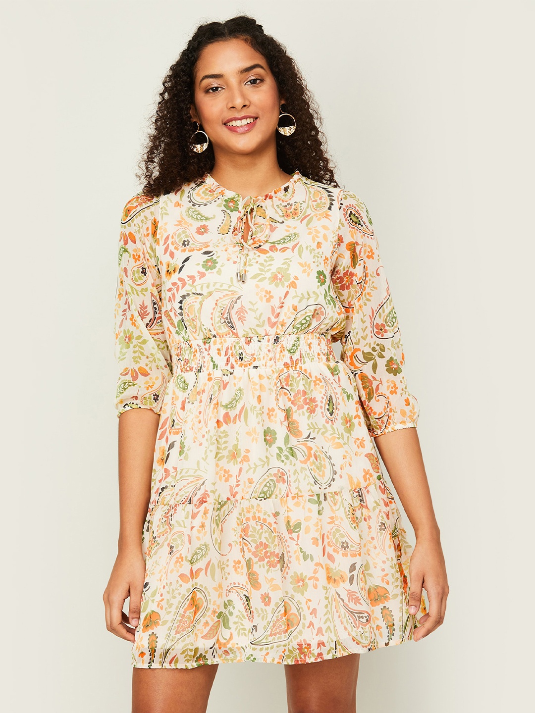 

CODE by Lifestyle Floral Tie-Up Neck Puff Sleeves Dress, Off white