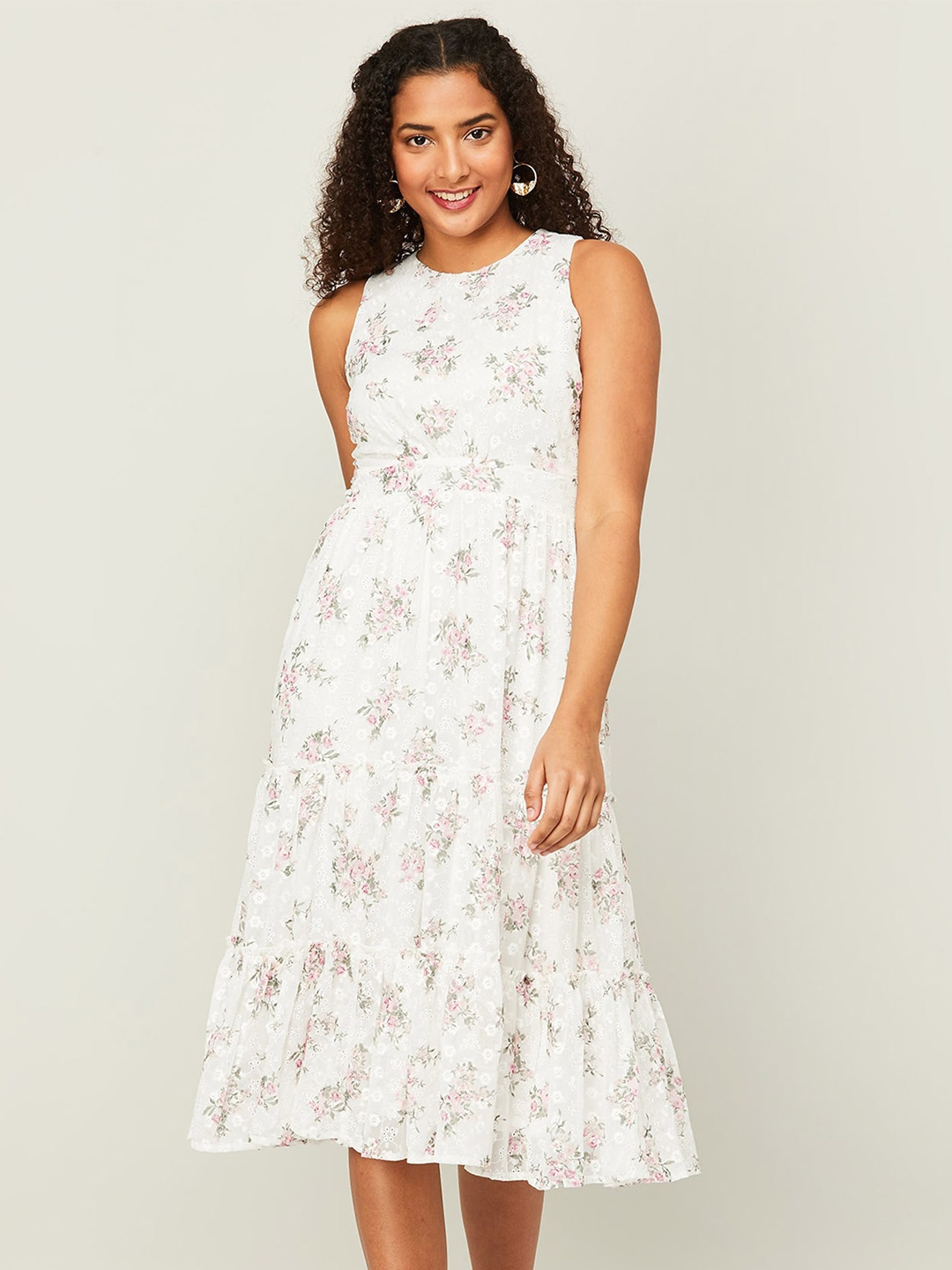 

CODE by Lifestyle Round Neck Floral Printed Tiered Embroidered A-Line Midi Dress, White