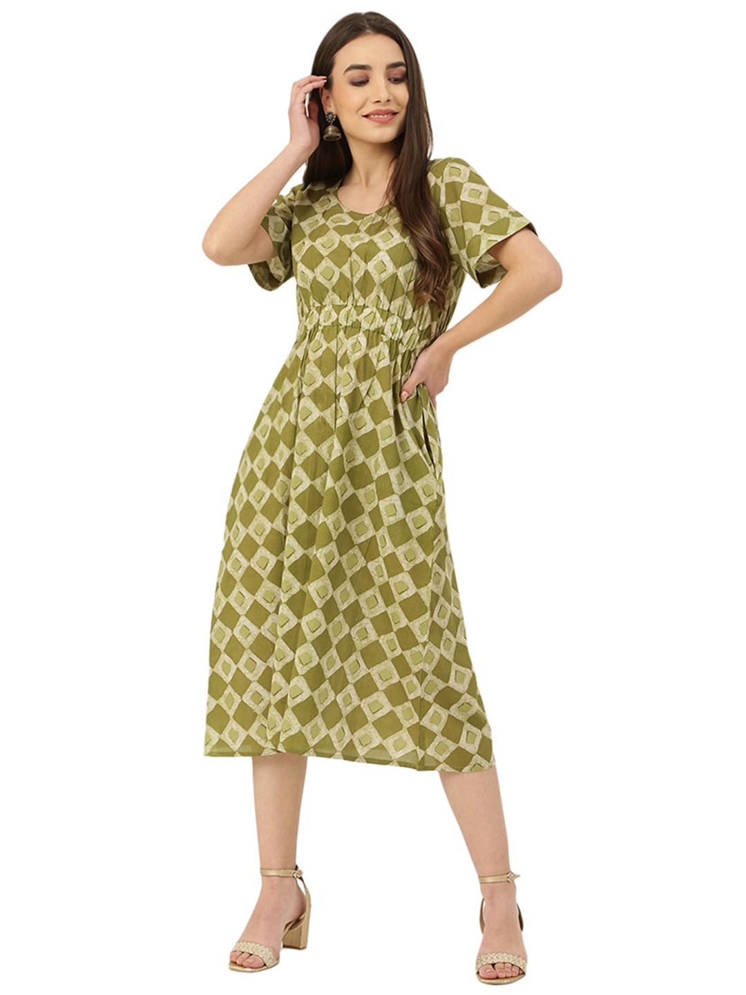 

DECKEDUP Abstract Printed Gathered Cotton A-Line Midi Dress, Green