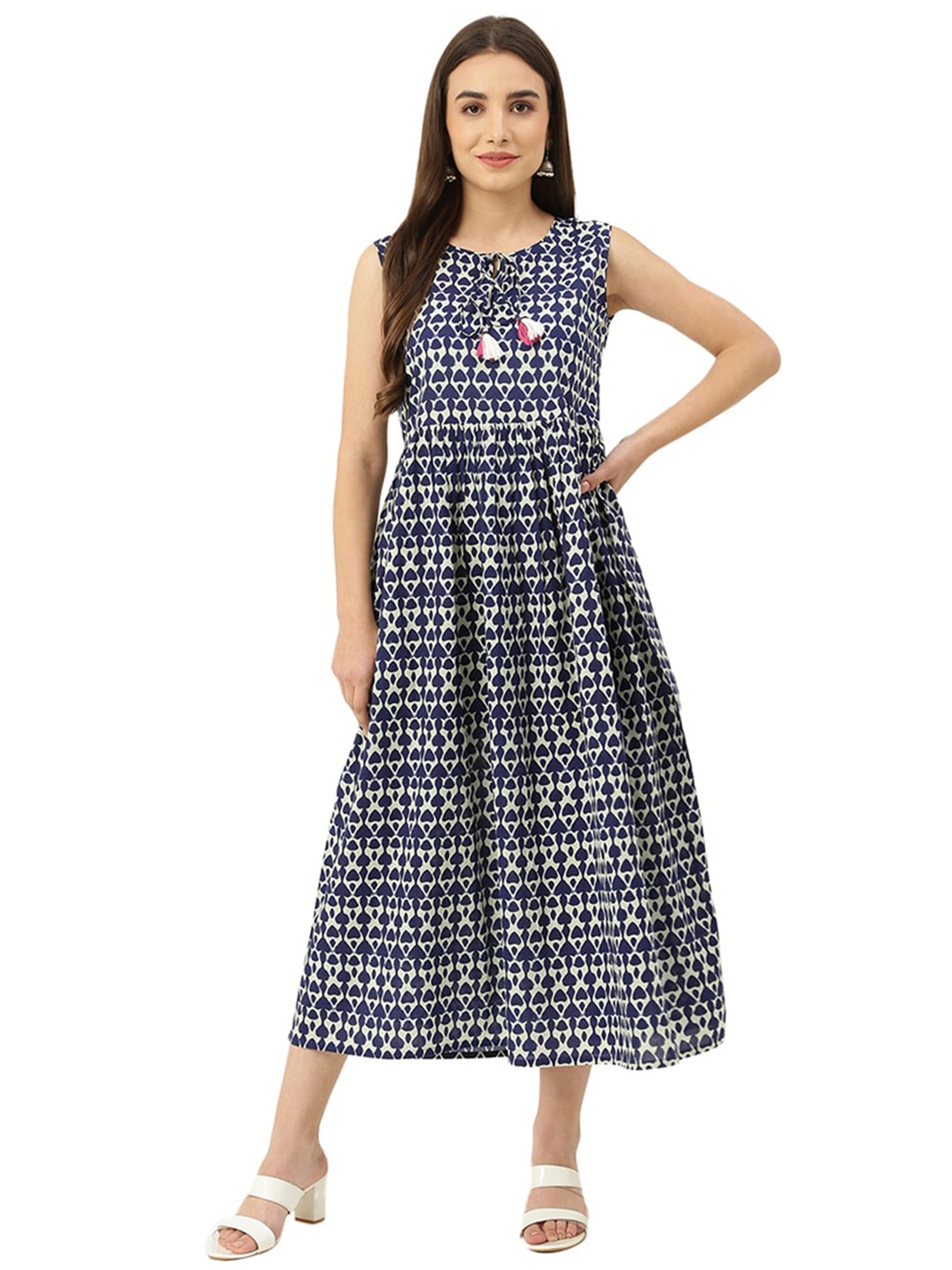 

DECKEDUP A-Line Pure Cotton Midi Dress, Blue