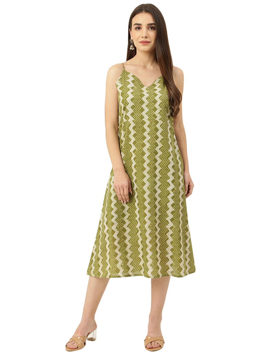 

DECKEDUP Cheveron Pure Cotton A-Line Midi Dress, Green