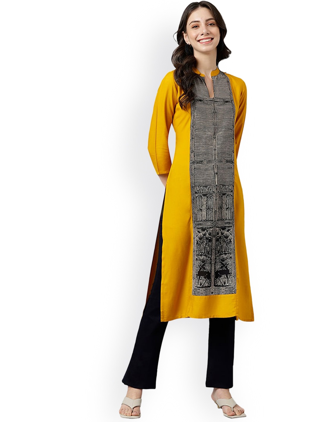 

DECKEDUP Women Striped Panelled Kurta, Mustard