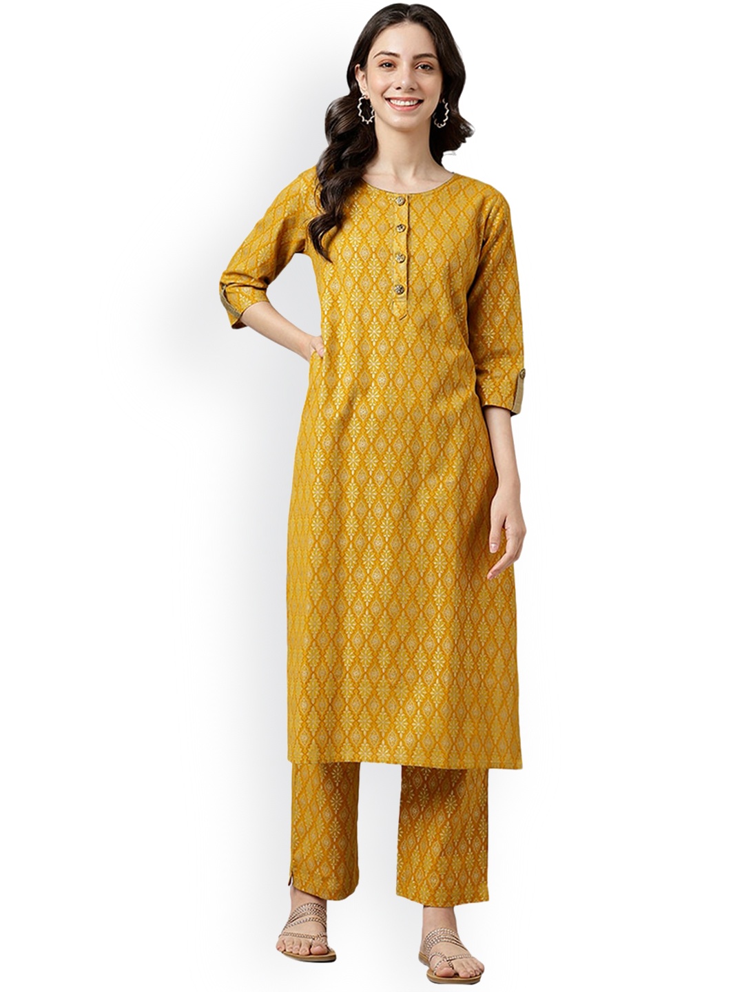 

DECKEDUP Women Ethinc Motif Printed Cotton Kurta, Mustard