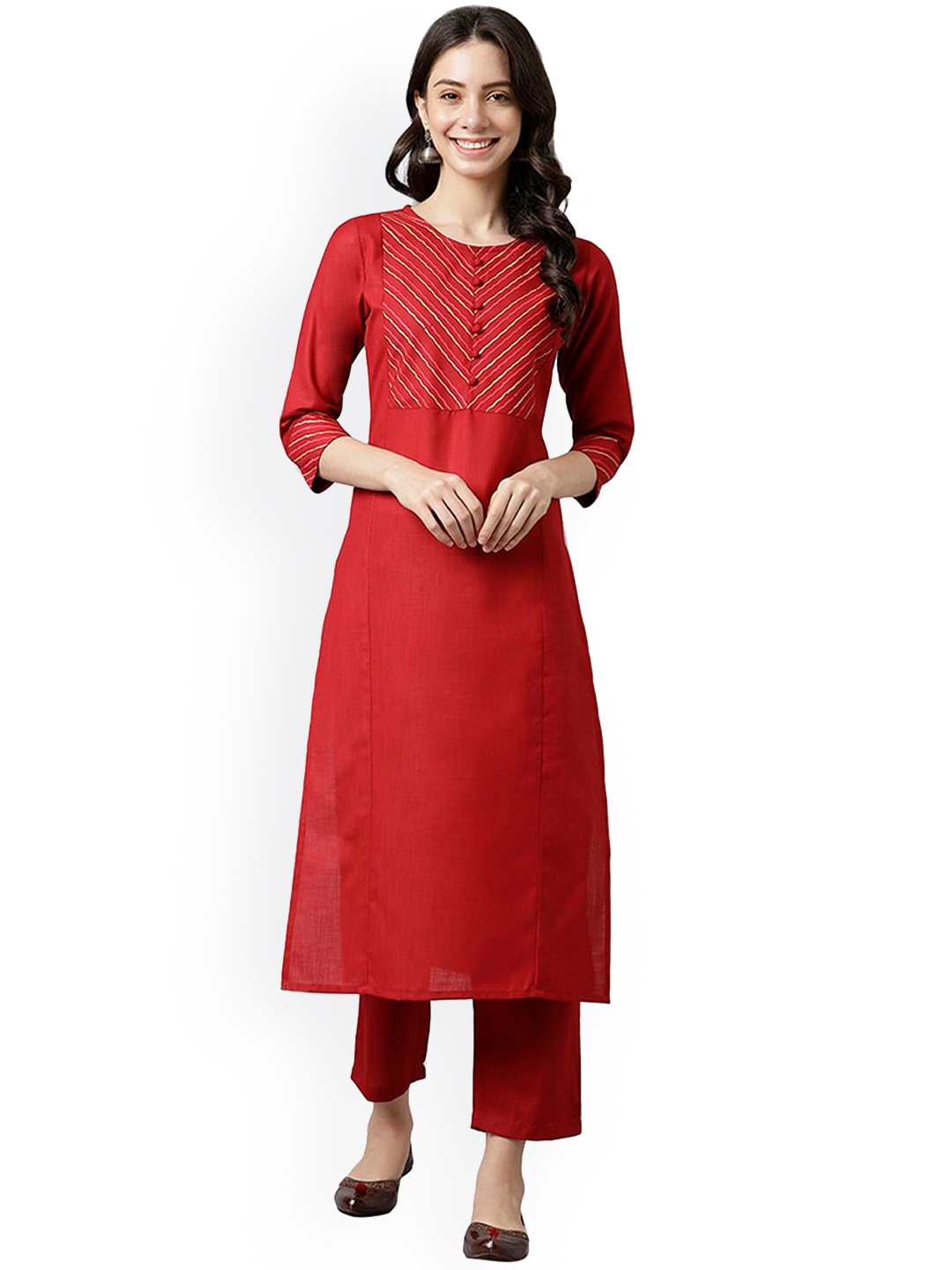 

DECKEDUP Women Striped Yoke Design Cotton Kurta, Red