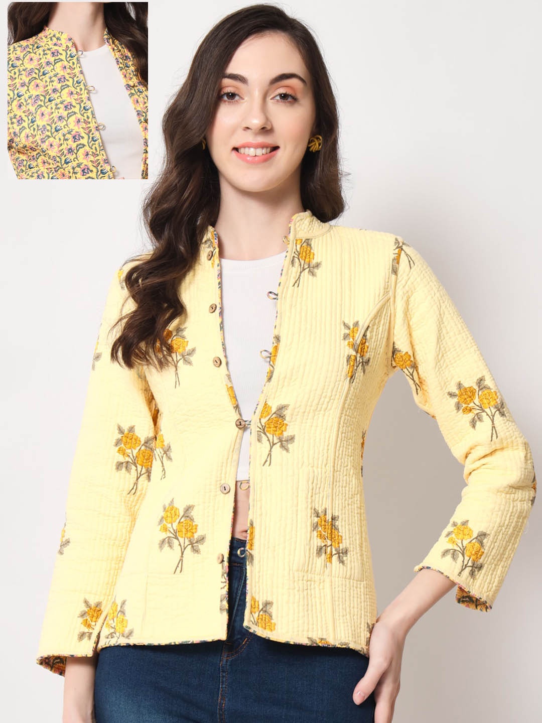

Vastralay Women Floral Reversible Cotton Tailored Jacket, Yellow