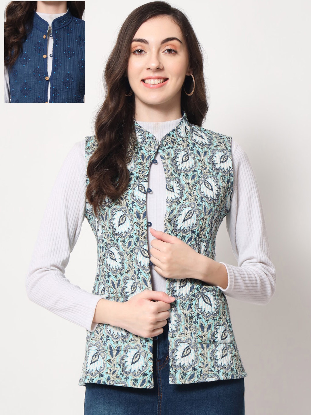 

Vastralay Women Floral Printed Sleeveless Cotton Reversible Tailored Jacket, Green