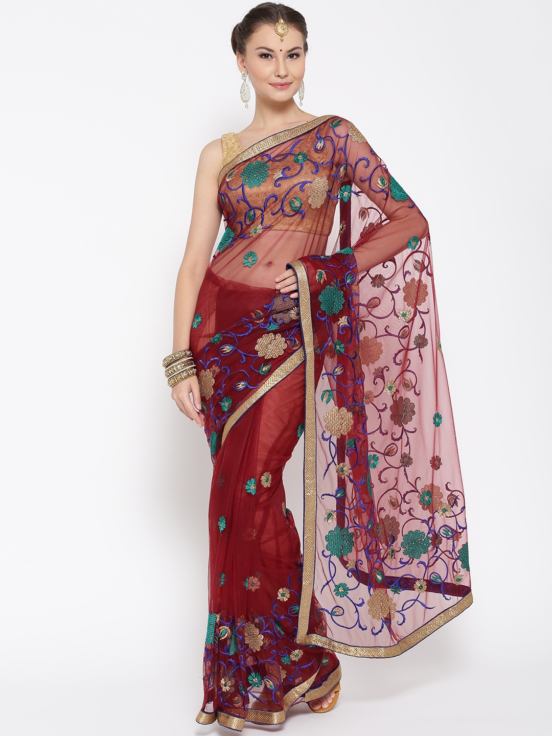 

Chhabra 555 Maroon Embroidered Net Saree