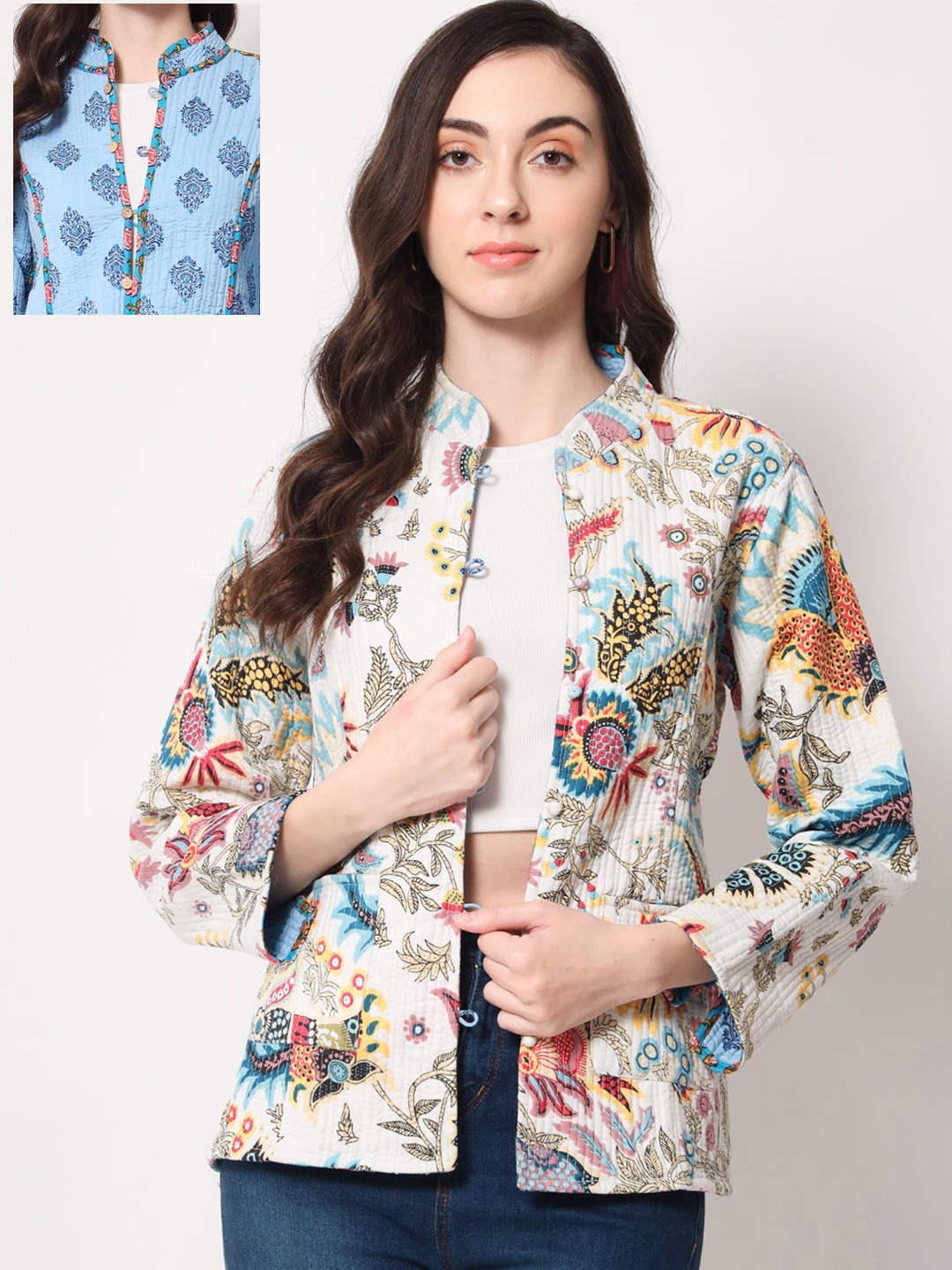 

Vastralay Cotton Floral Reversible Tailored Jacket, White