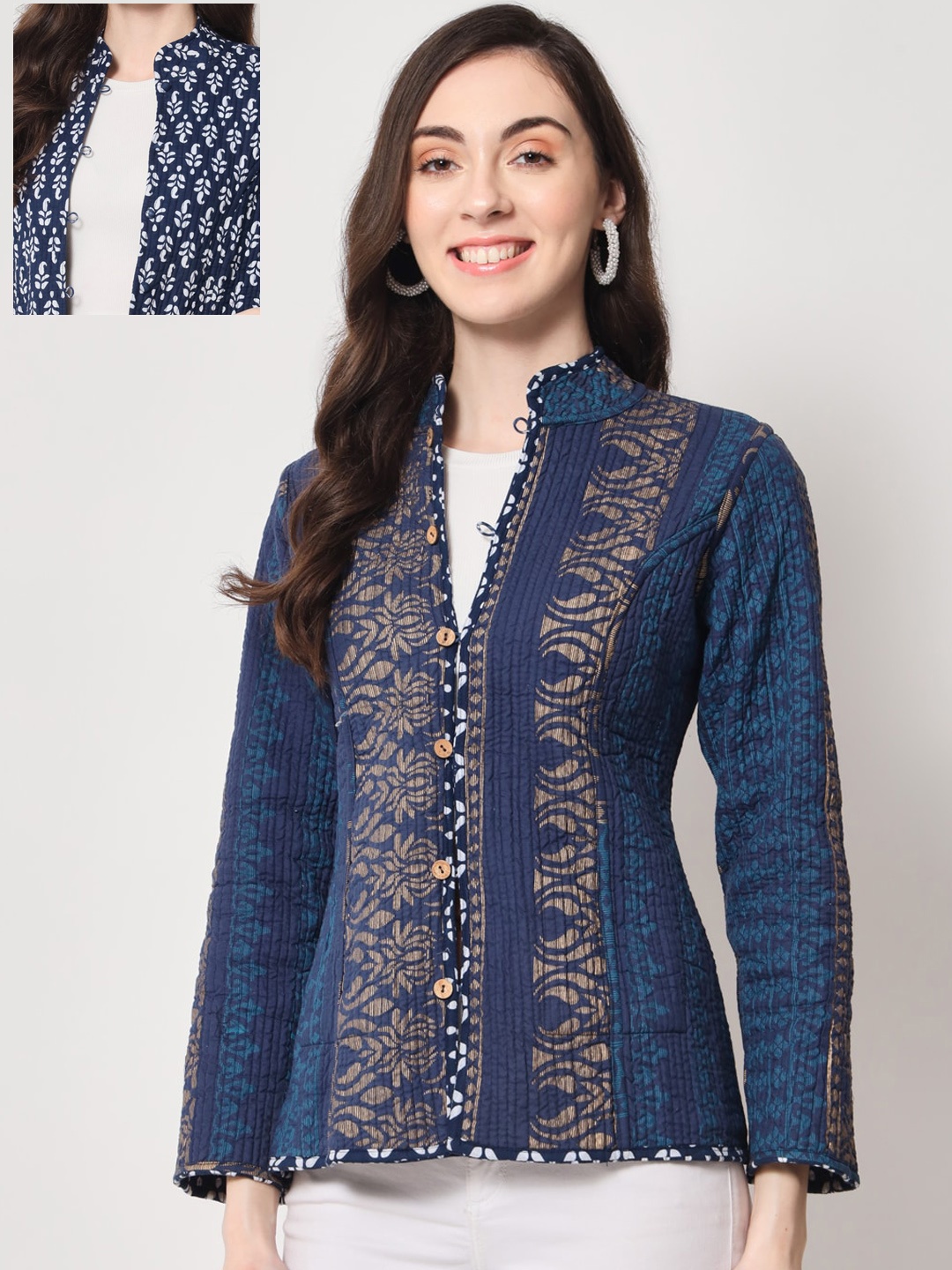 

Vastralay Women Floral Printed Cotton Reversible Tailored Jacket, Navy blue