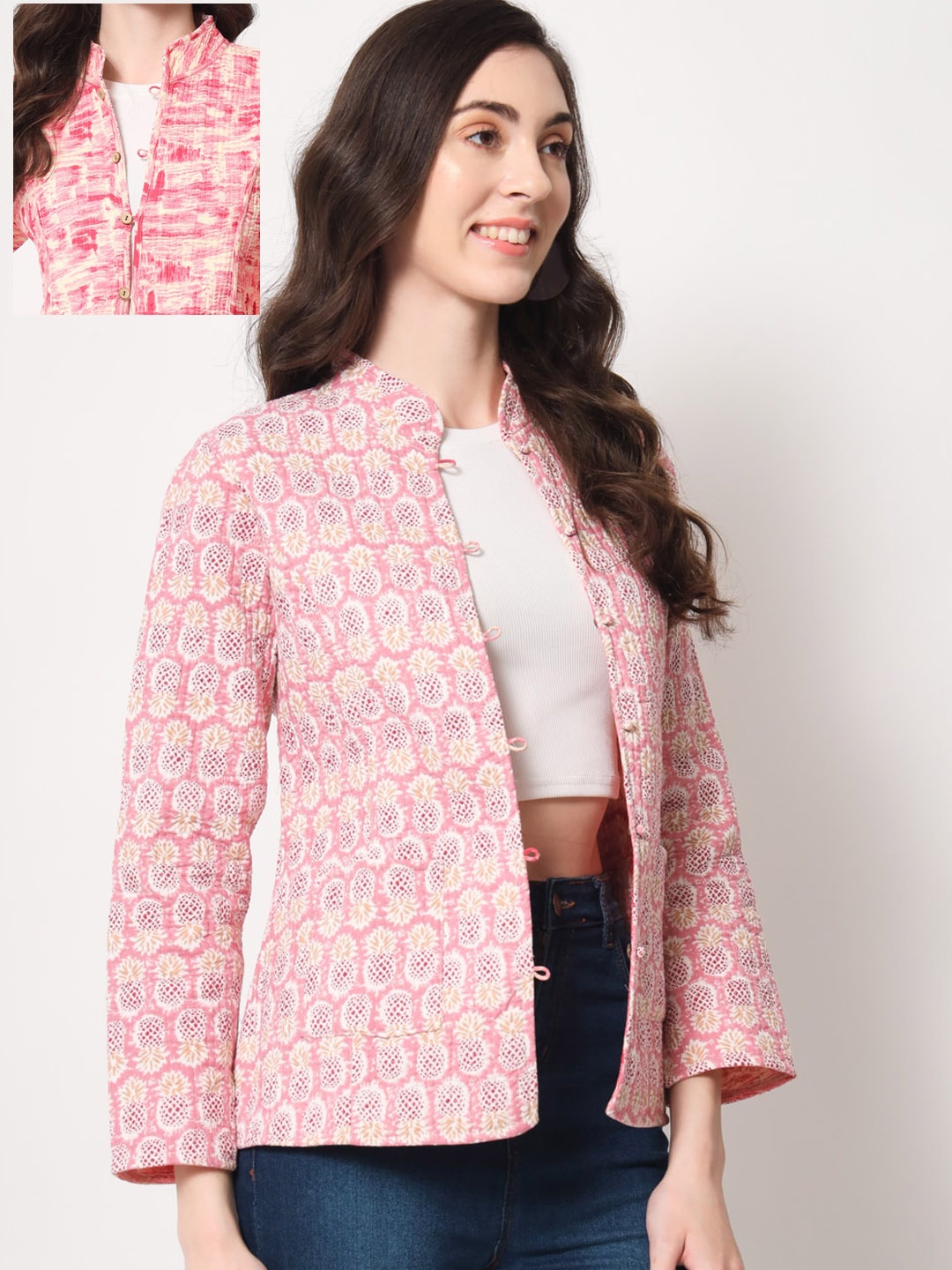 

Vastralay Women Floral Printed Cotton Reversible Tailored Jacket, Pink