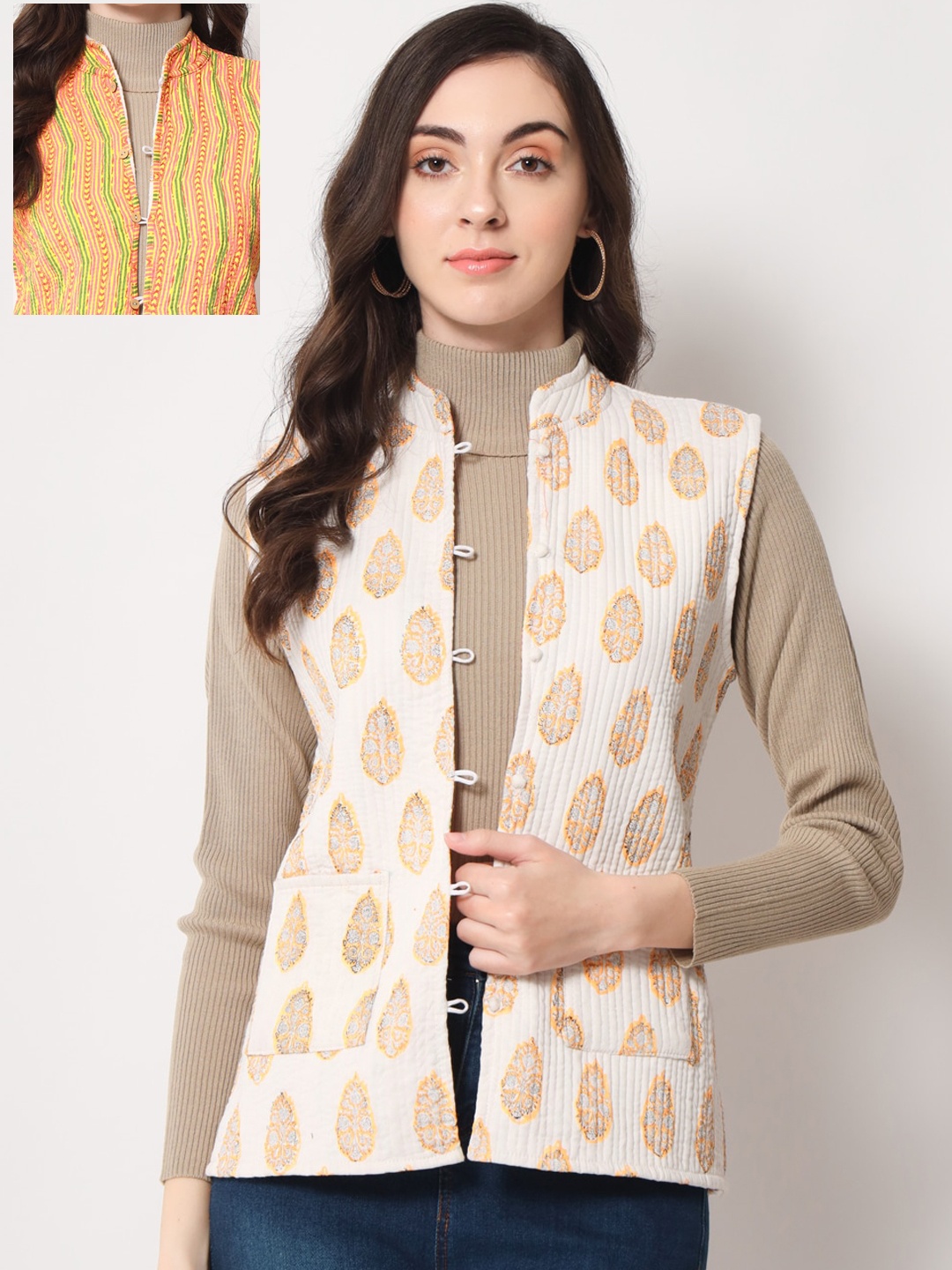 

Vastralay Floral Reversible Cotton Tailored Jacket, White
