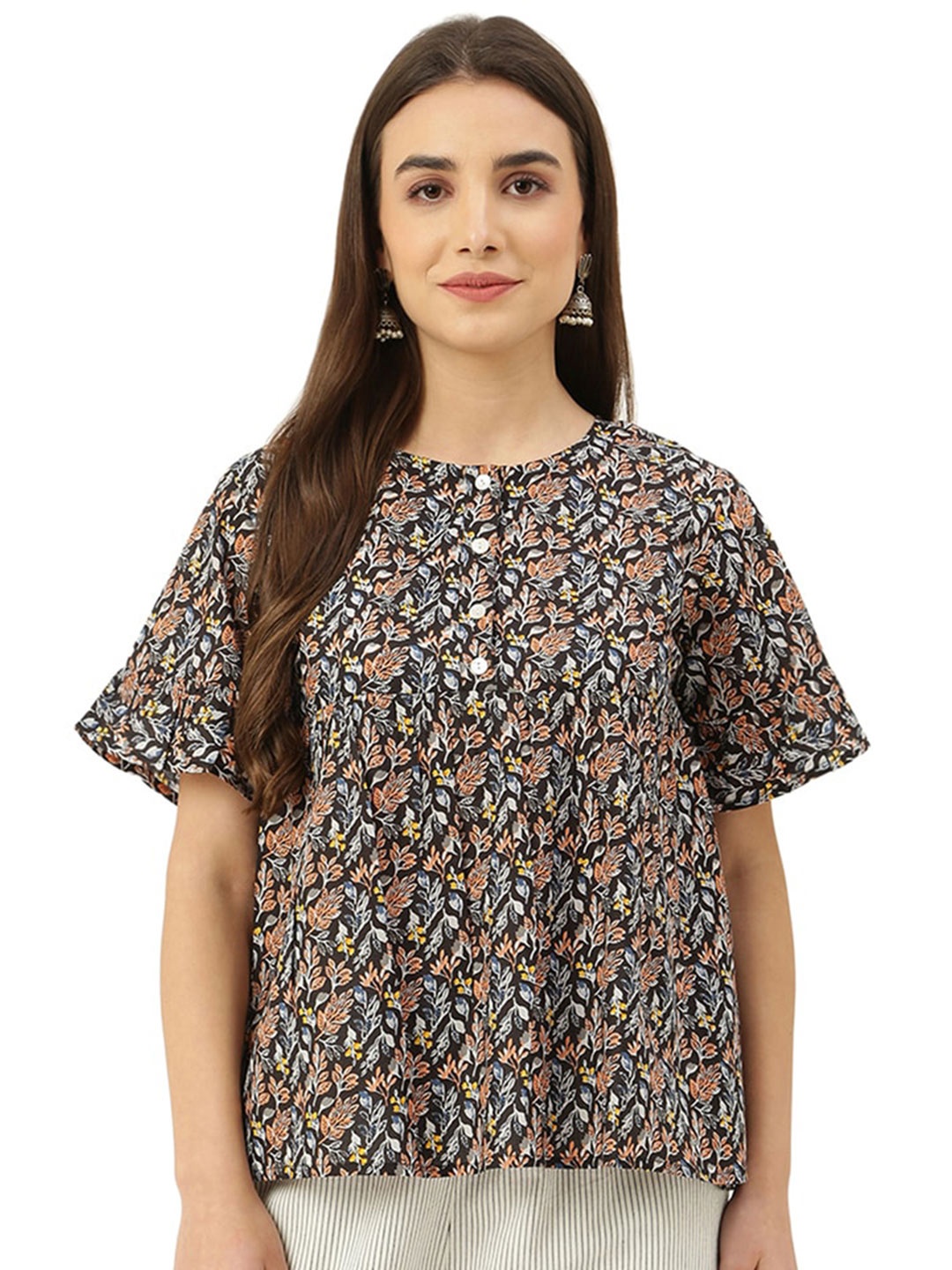 

DECKEDUP Ethnic Motif Printed Bell Sleeves Cotton Top, Black