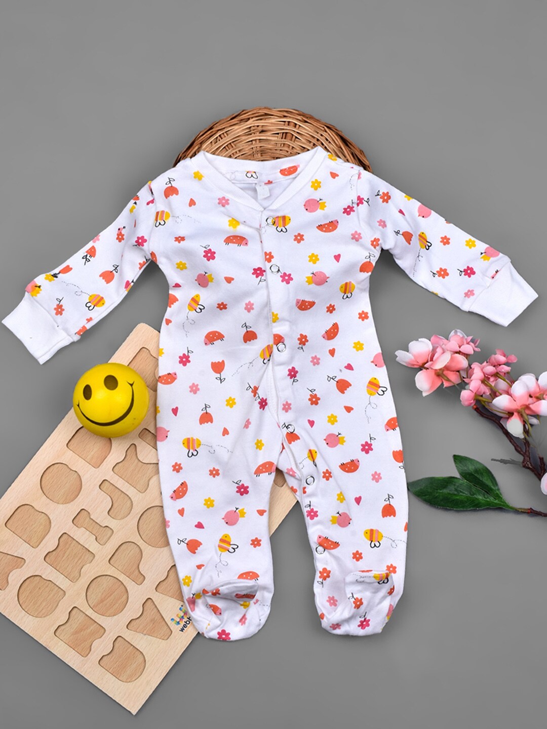 

Moms Home Infants Printed Organic Cotton Rompers, White