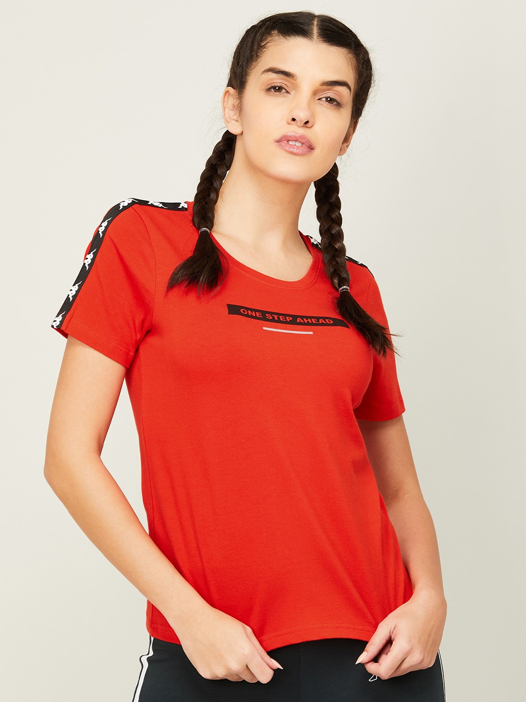 

Kappa Women Typography Printed Round Neck Applique Cotton T-shirt, Red