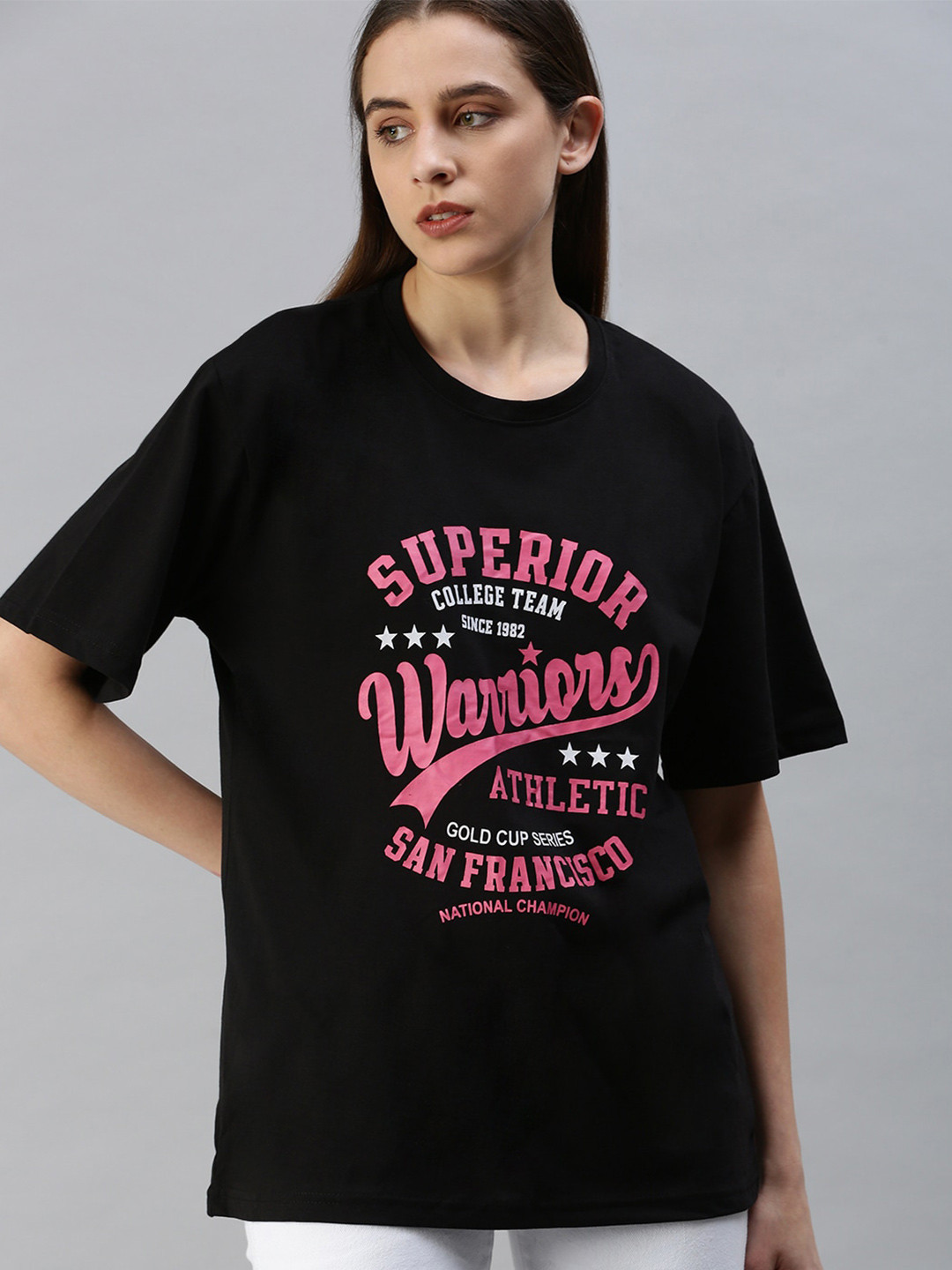 

Rodzen Women Printed Drop Shoulder Cotton Loose T-shirt, Black