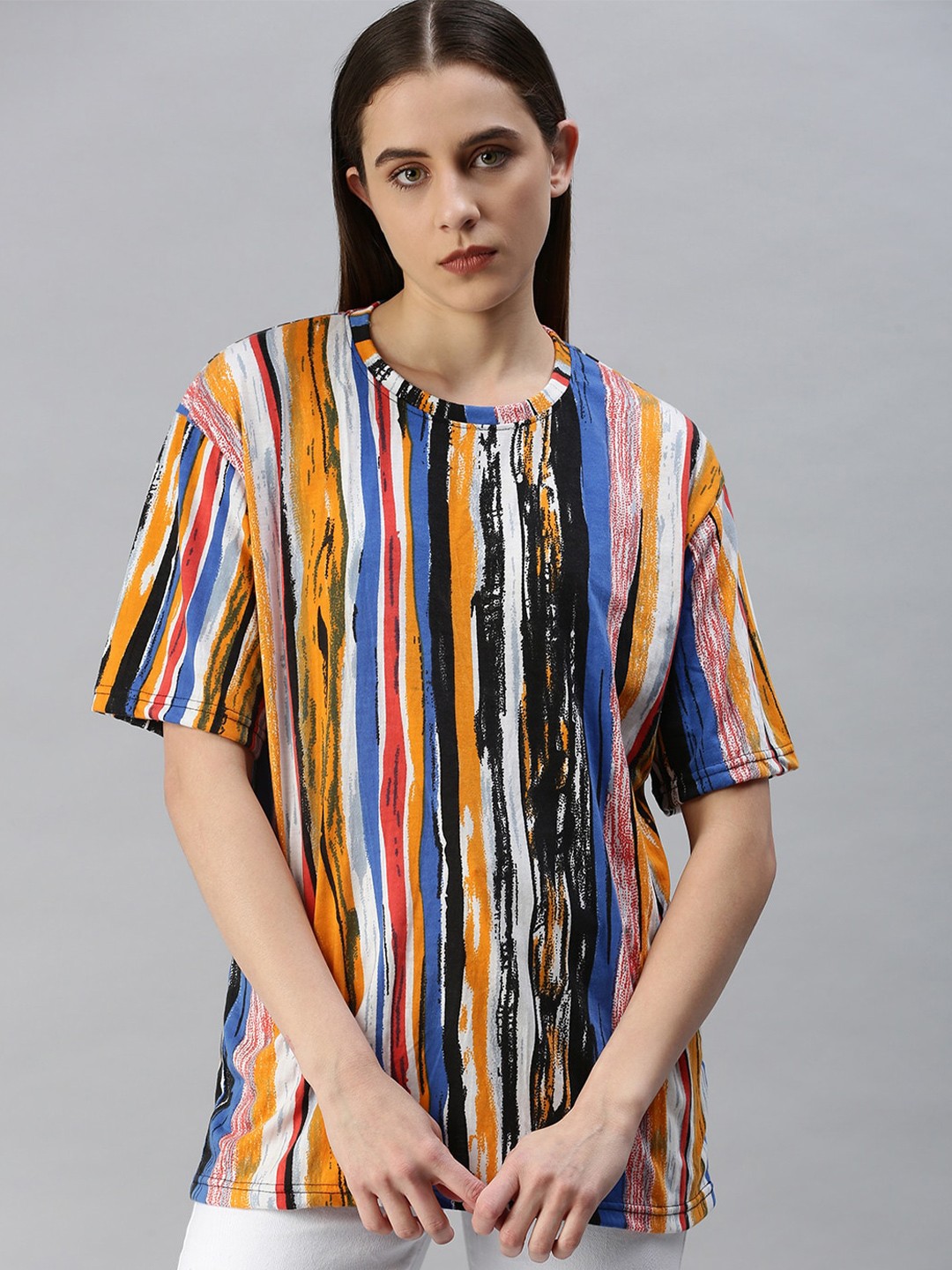 

Rodzen Women Striped Drop Shoulder Pure Cotton Oversize T-shirt, White