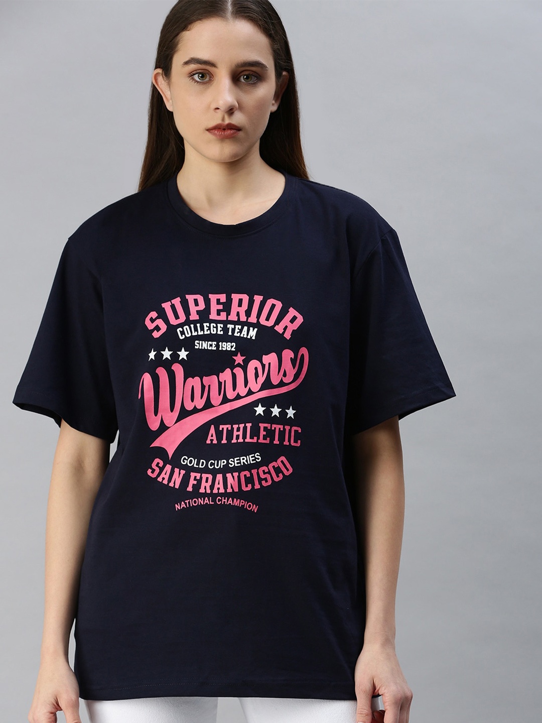 

Rodzen Women Typography Printed Pure Cotton Loose T-shirt, Navy blue