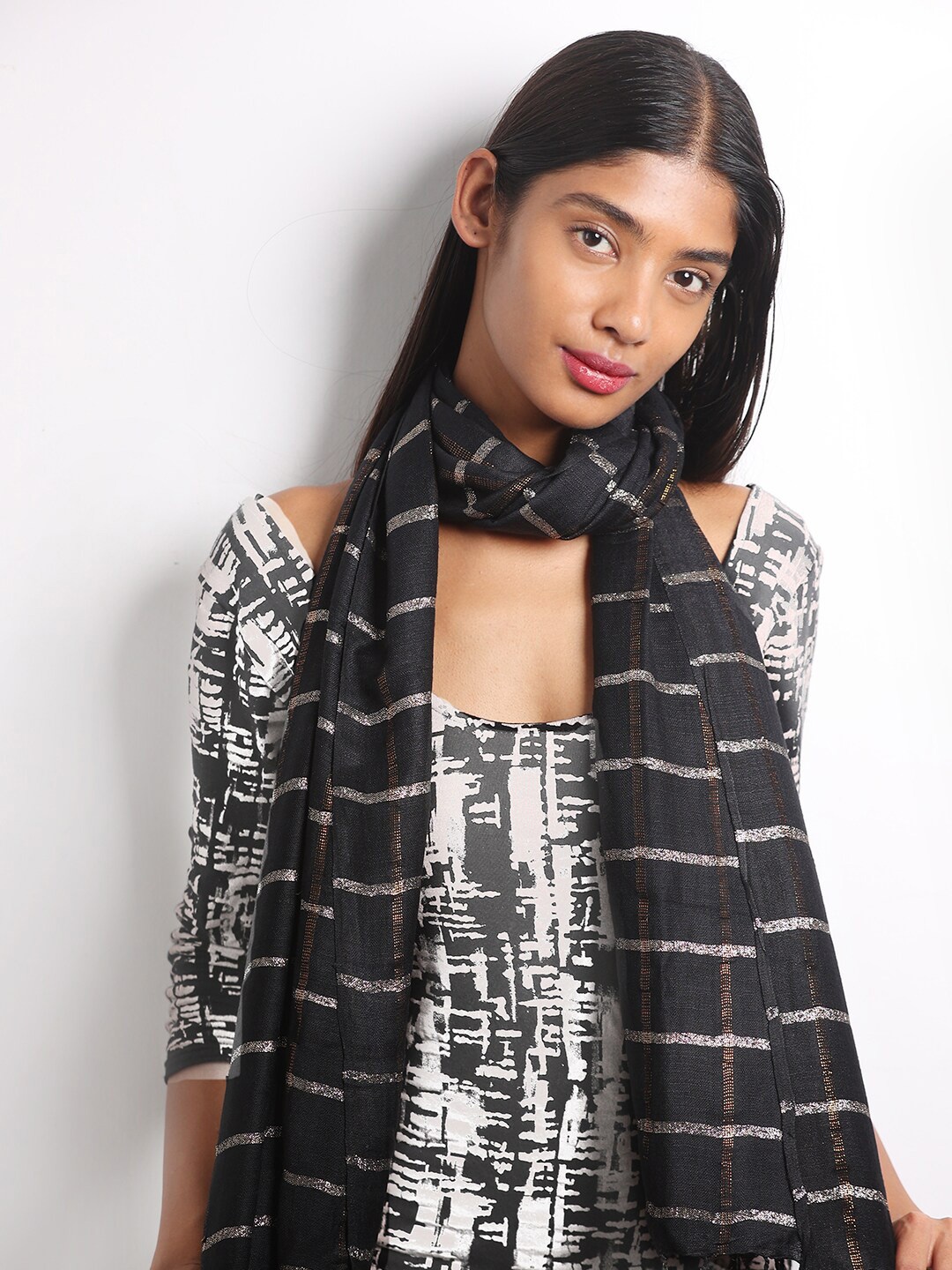 

Ayesha Women Black Striped Viscose Scarf