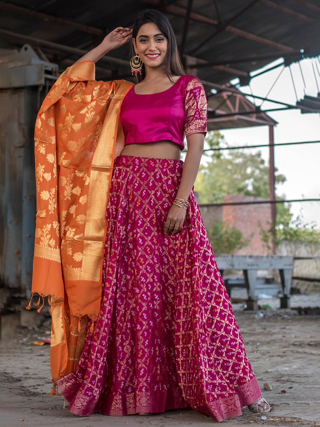 

Rangpur Woven Design Silk Zari Ready to Wear Lehenga & Blouse With Dupatta, Magenta