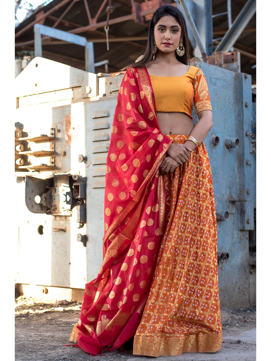 

Rangpur Woven Design Zari Silk Ready to Wear Lehenga & Blouse With Dupatta, Orange