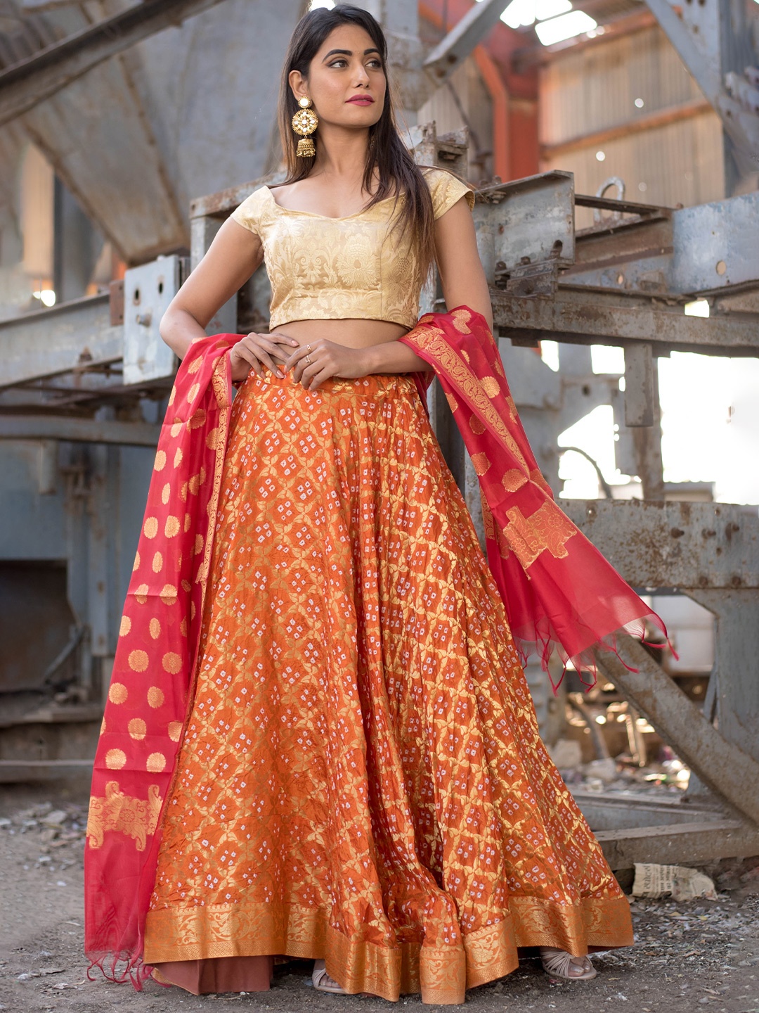 

Rangpur Woven Design Zari Silk Ready to Wear Lehenga & Blouse With Dupatta, Orange