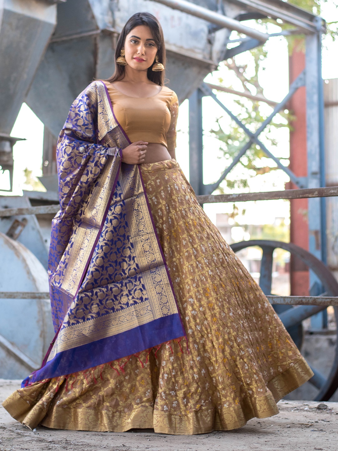 

Rangpur Woven Design Zari Silk Ready to Wear Lehenga & Blouse With Dupatta, Beige