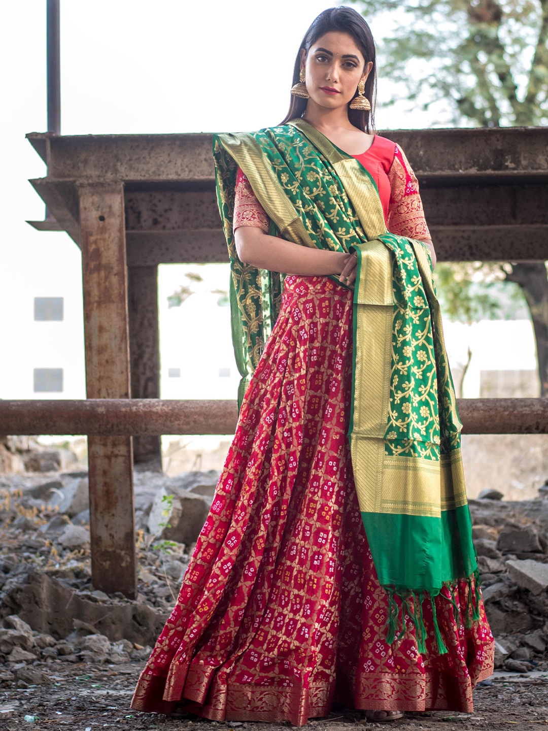 

Rangpur Woven Design Zari Silk Ready to Wear Lehenga & Blouse With Dupatta, Red