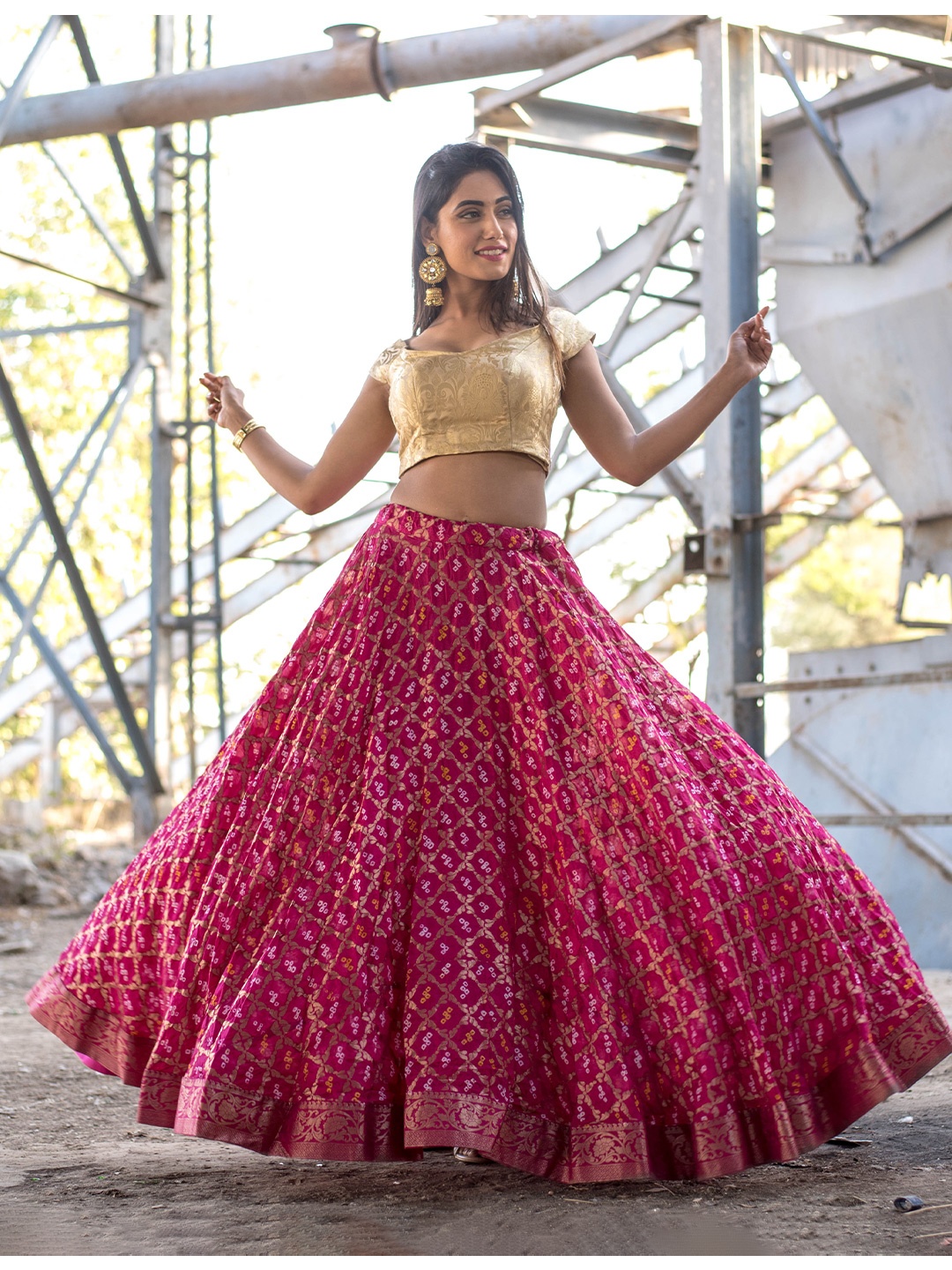 Rangpur Woven Design Zari Silk Ready to Wear Lehenga & Choli Set, Magenta